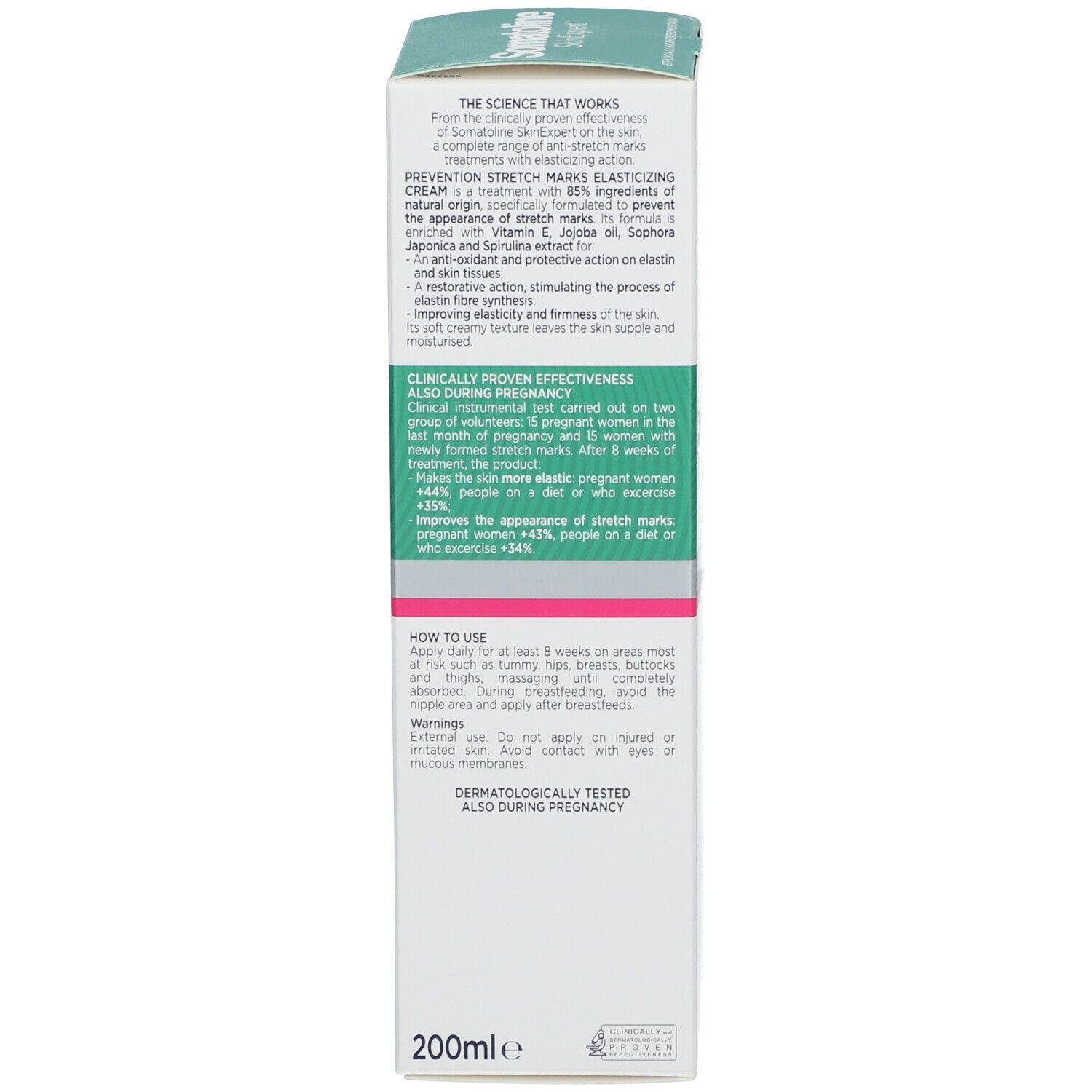 Retro della scatola. Testo: Prevenzione Smagliature Crema Elasticizzante. Clinicamente provato. 200ml.