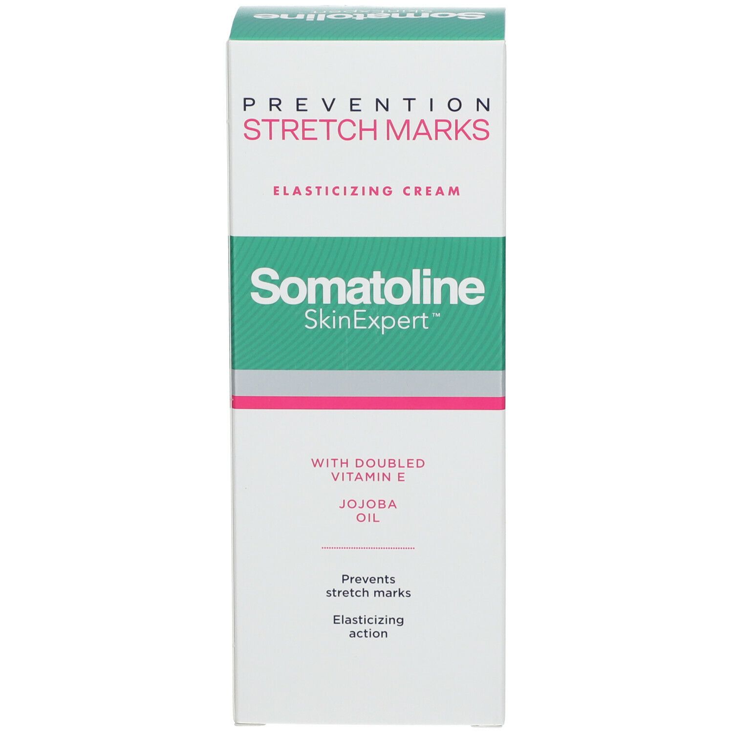 Fronte della scatola. Testo: Prevenzione Smagliature, Crema Elasticizzante, Somatoline SkinExpert, Olio di Jojoba.