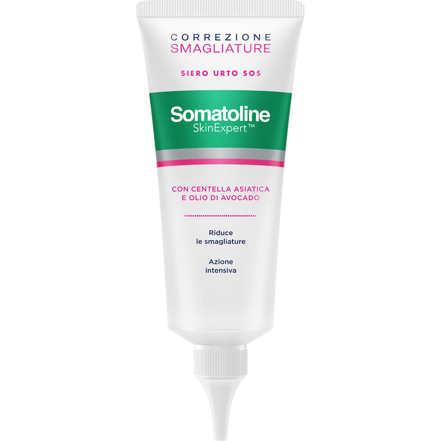 Tubo bianco-verde. Testo: Correzione Smagliature, Siero Urto SOS, Somatoline SkinExpert. Con Centella Asiatica e olio di avocado.