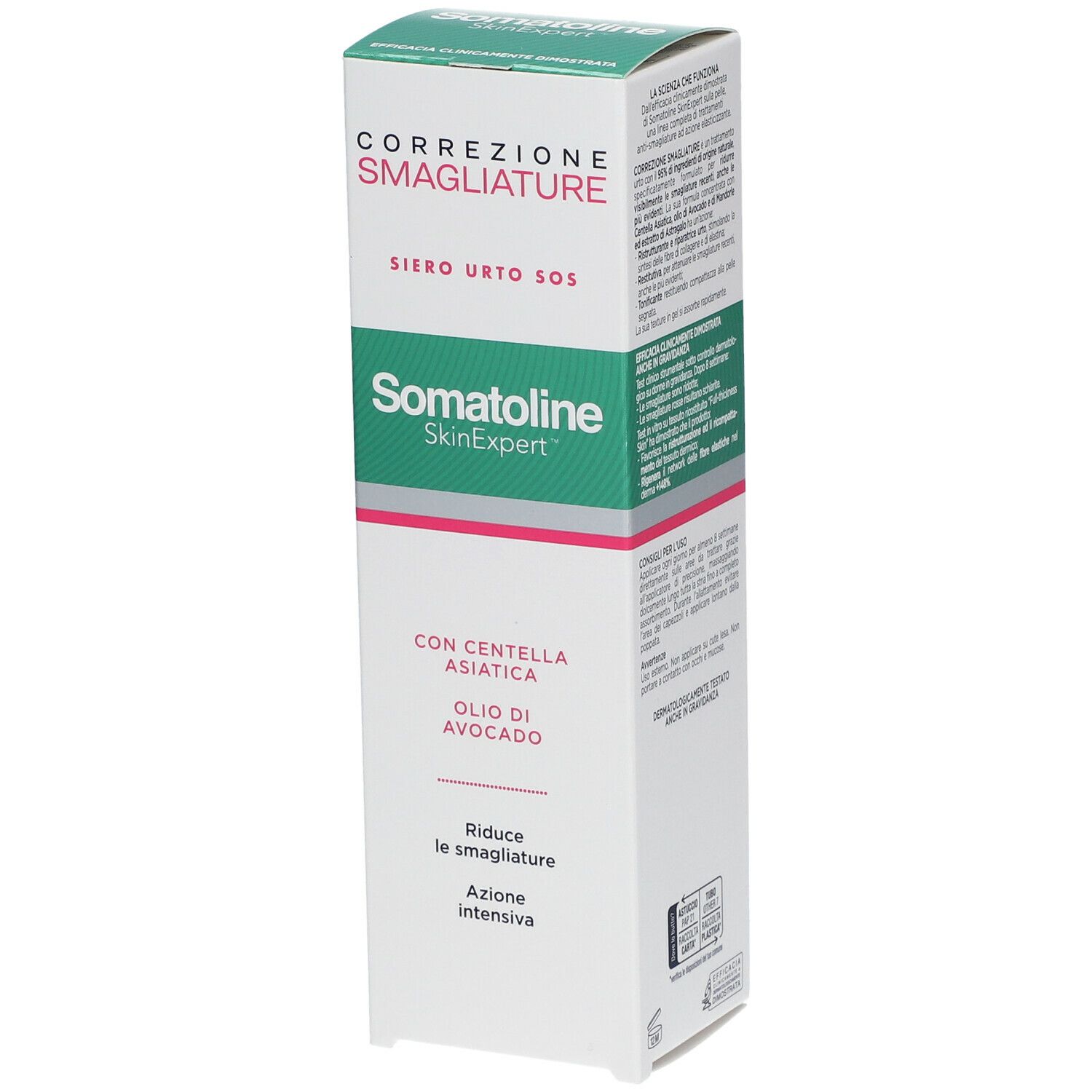 Scatola bianca e verde. Testo: Correzione Smagliature, Siero Urto SOS, Somatoline SkinExpert. Con Centella Asiatica e olio di avocado. Confezione.