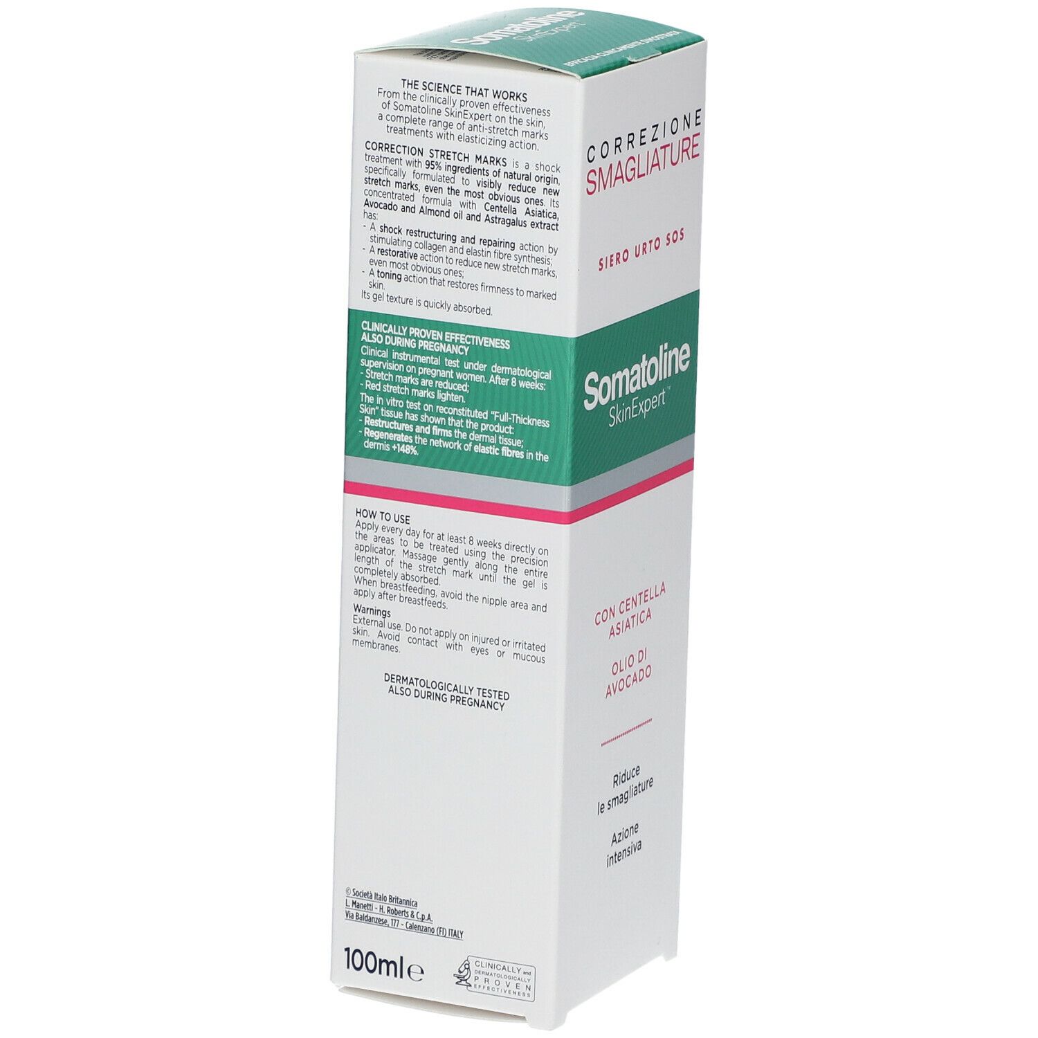 Scatola bianca e verde. Testo: Correzione Smagliature, Siero Urto SOS, Somatoline SkinExpert. Con Centella Asiatica e olio di avocado. Retro.