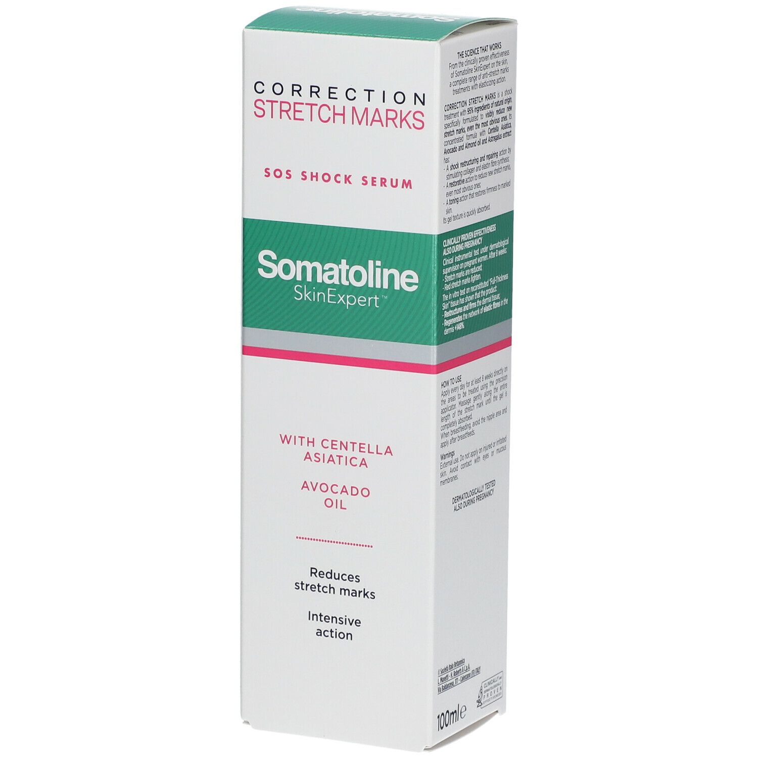 Scatola bianca e verde. Testo: Correzione Smagliature, Siero Urto SOS, Somatoline SkinExpert. Con Centella Asiatica e olio di avocado. Dettaglio.