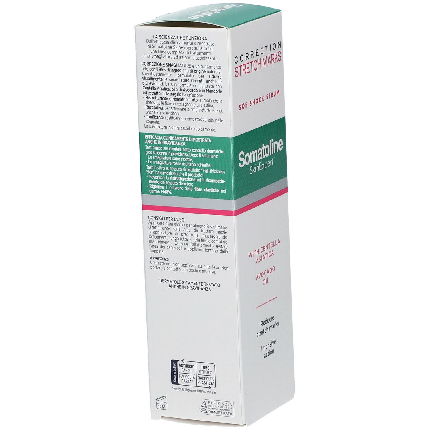 Scatola bianca e verde. Testo: Correzione Smagliature, SOS Shock Serum, Somatoline SkinExpert. Con Centella Asiatica e olio di avocado. Fronte.