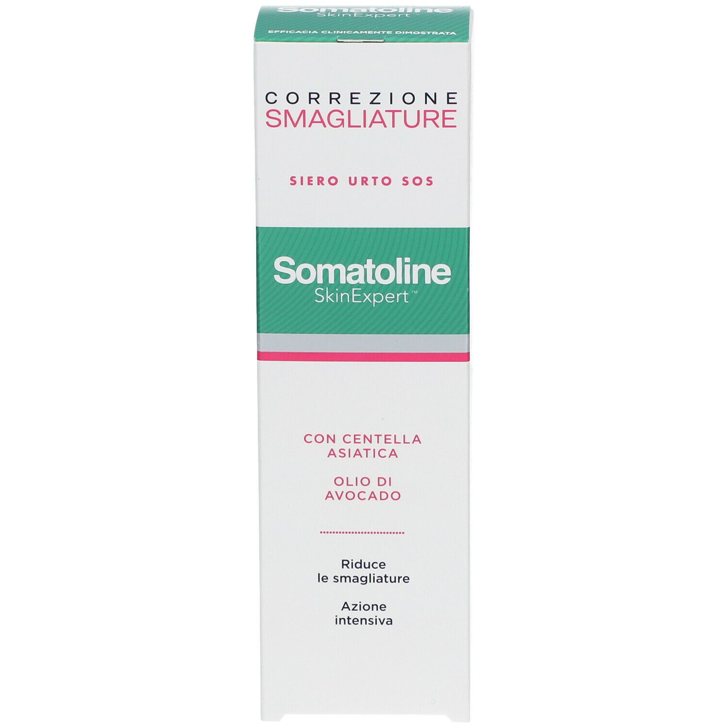Scatola bianca e verde. Testo: Correzione Smagliature, Siero Urto SOS, Somatoline SkinExpert. Con Centella Asiatica e olio di avocado. Fronte.
