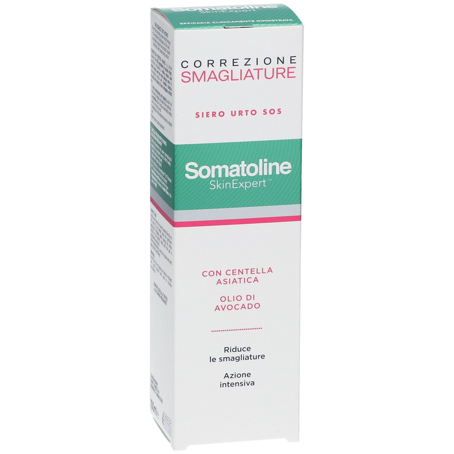 Scatola bianca e verde. Testo: Correzione Smagliature, Siero Urto SOS, Somatoline SkinExpert. Con Centella Asiatica e olio di avocado. Lato.