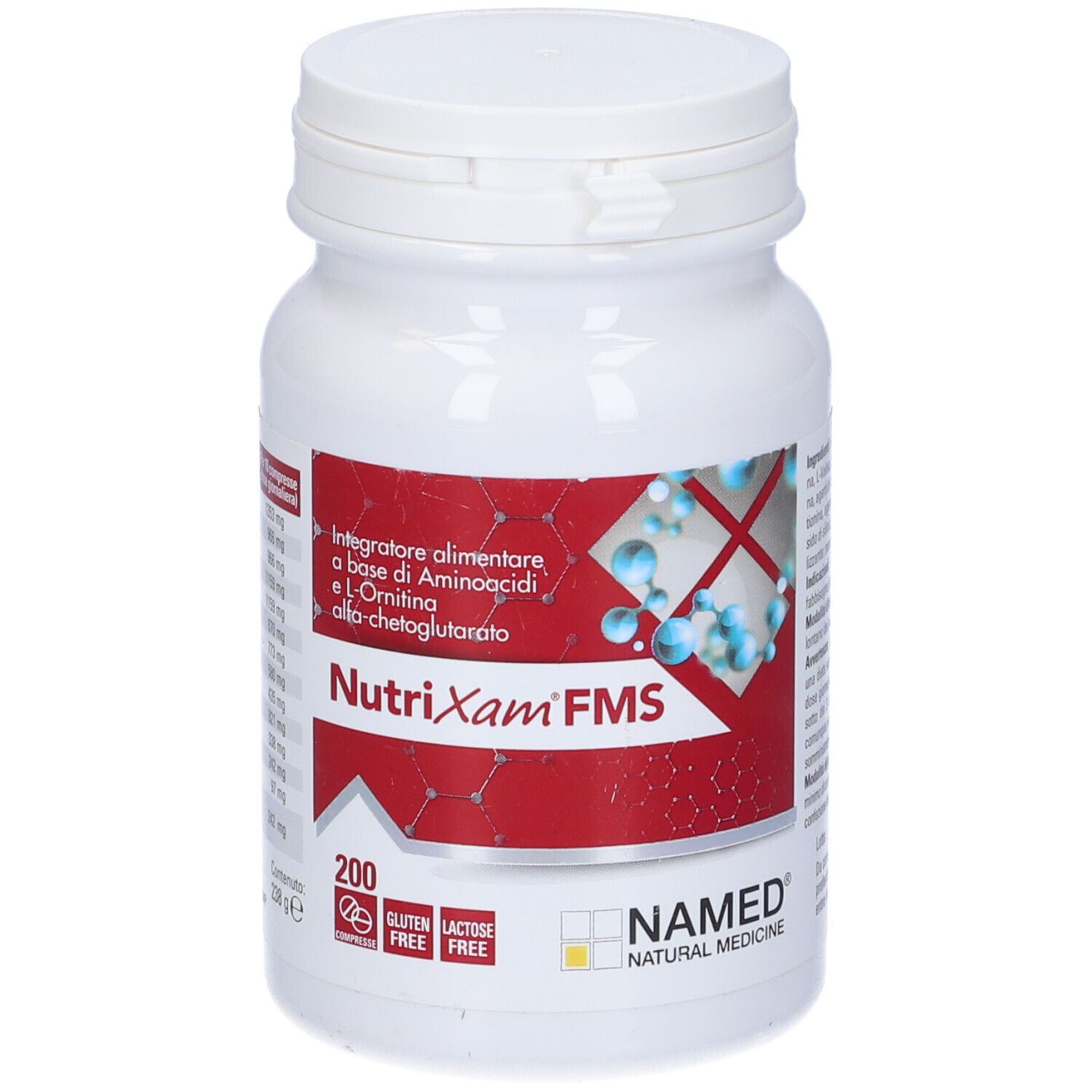 Flacone bianco con etichetta rossa. Scritta: NutriXam FMS, 200 compresse, senza glutine e lattosio. Marchio: NAMED.