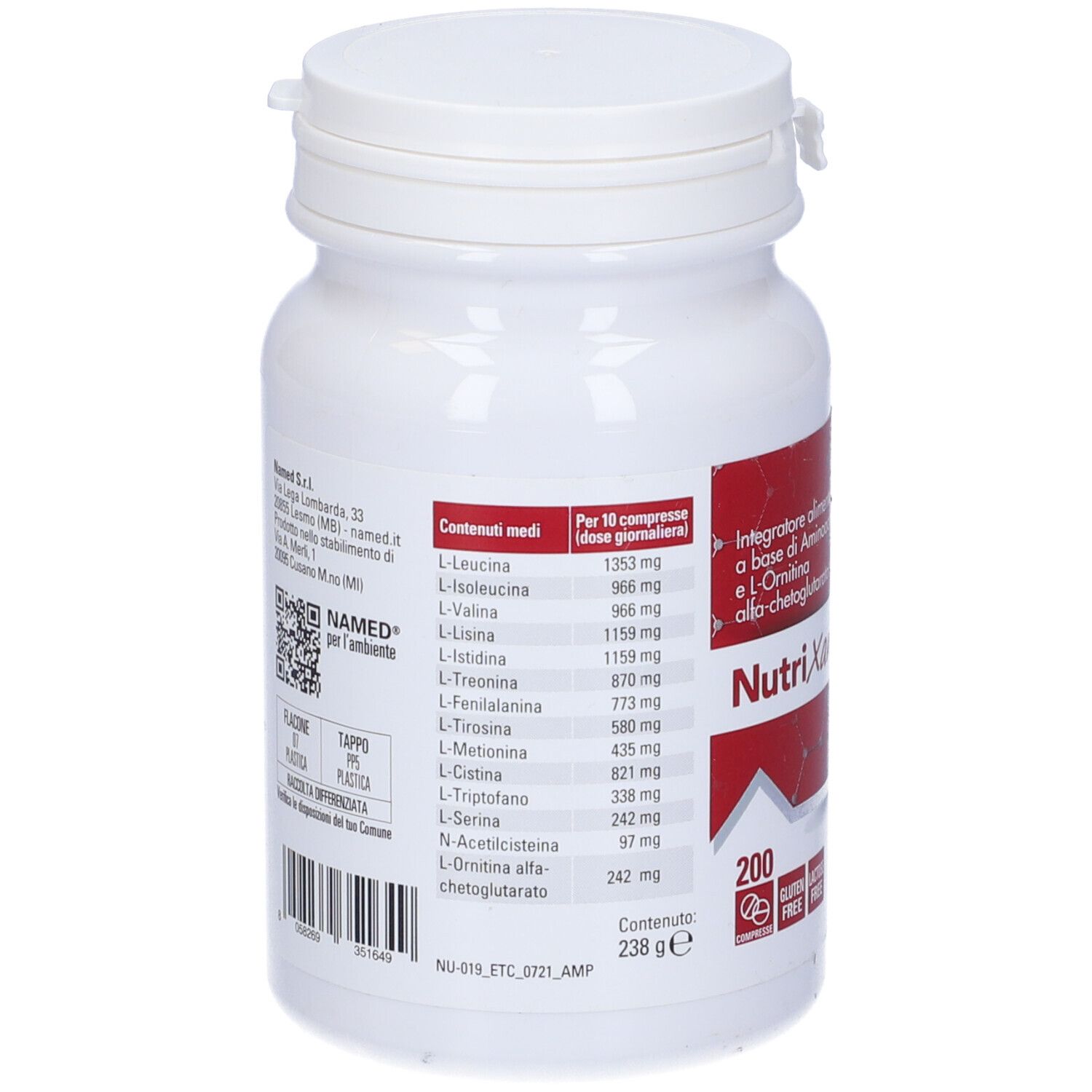 Retro di un flacone bianco. Etichetta rossa con informazioni nutrizionali. Scritta: NutriXam FMS, 200 compresse. Codice QR e marchio: NAMED.