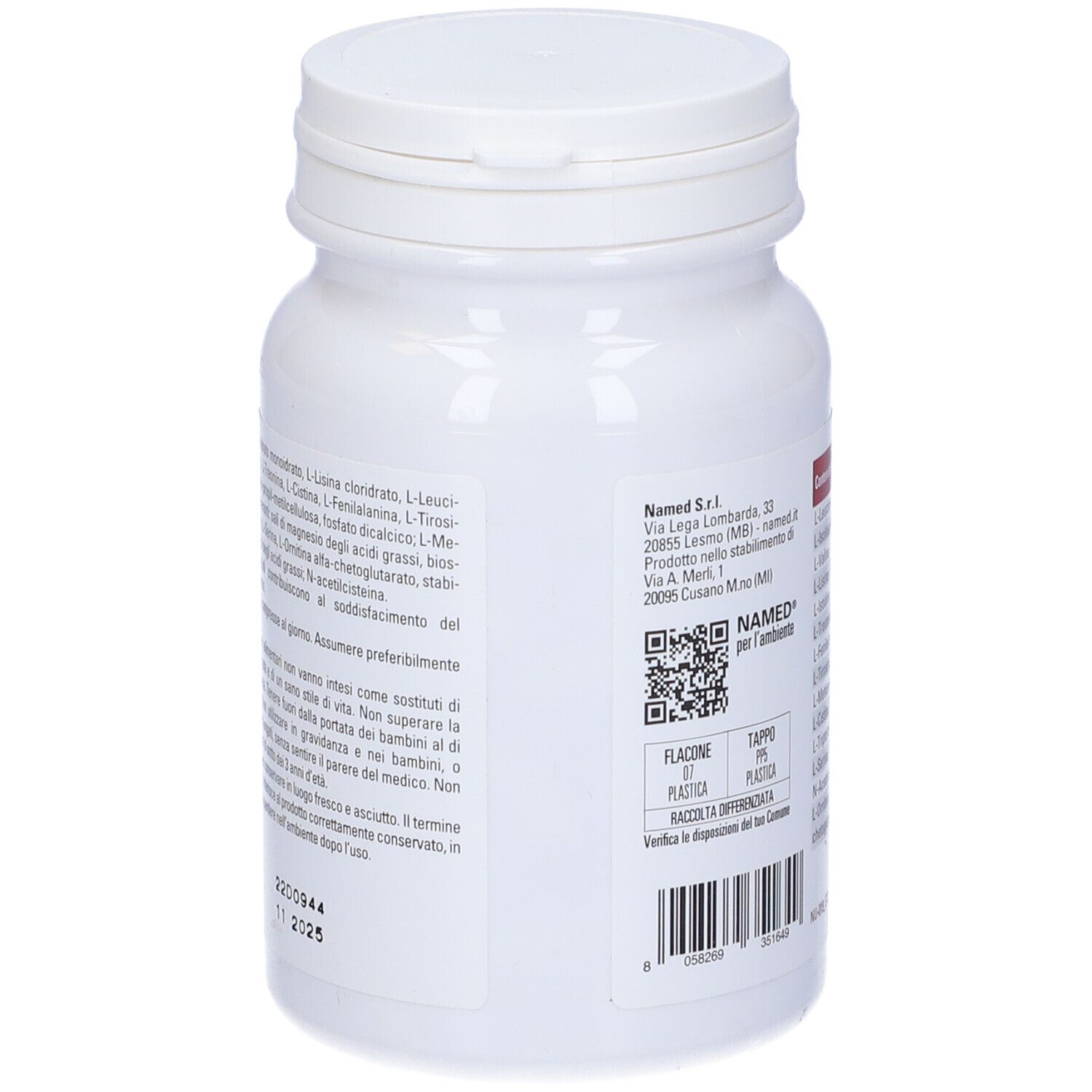 Flacone bianco con etichetta rossa. Testo: ingredienti, indicazioni, conservazione. Codice QR e marchio: NAMED.