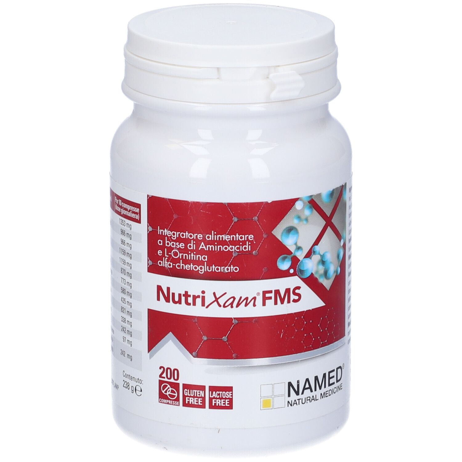 Flacone bianco con etichetta rossa. Scritta: NutriXam FMS, 200 compresse, senza glutine e lattosio. Marchio: NAMED.