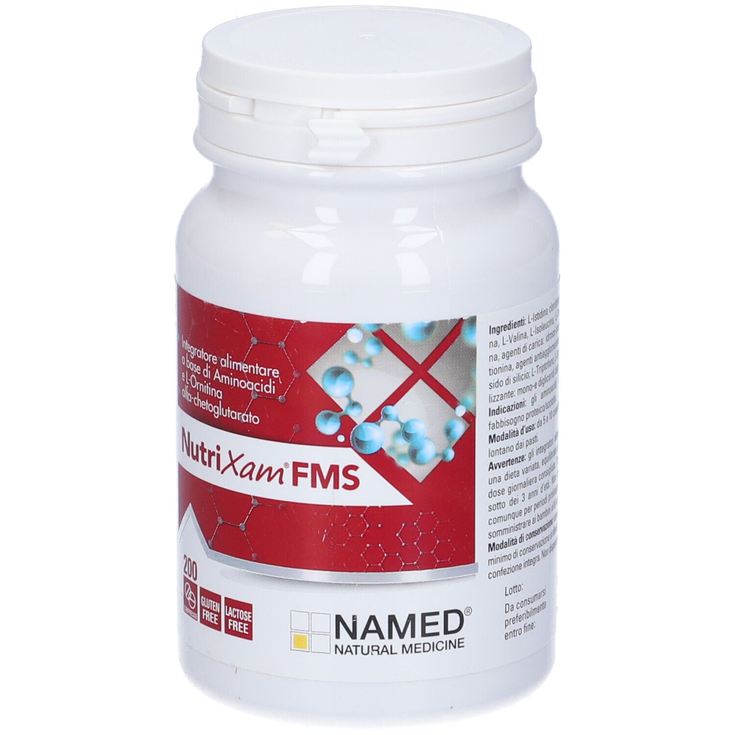 Flacone bianco con etichetta rossa. Scritta: NutriXam FMS, 200 compresse. Marchio: NAMED.