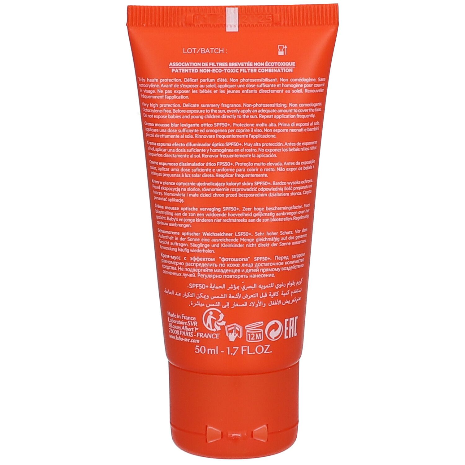 Retro del tubo arancione. Testo: SPF50+, ingredienti, istruzioni per l'uso. Logo: Ocean Respect, 50ml.