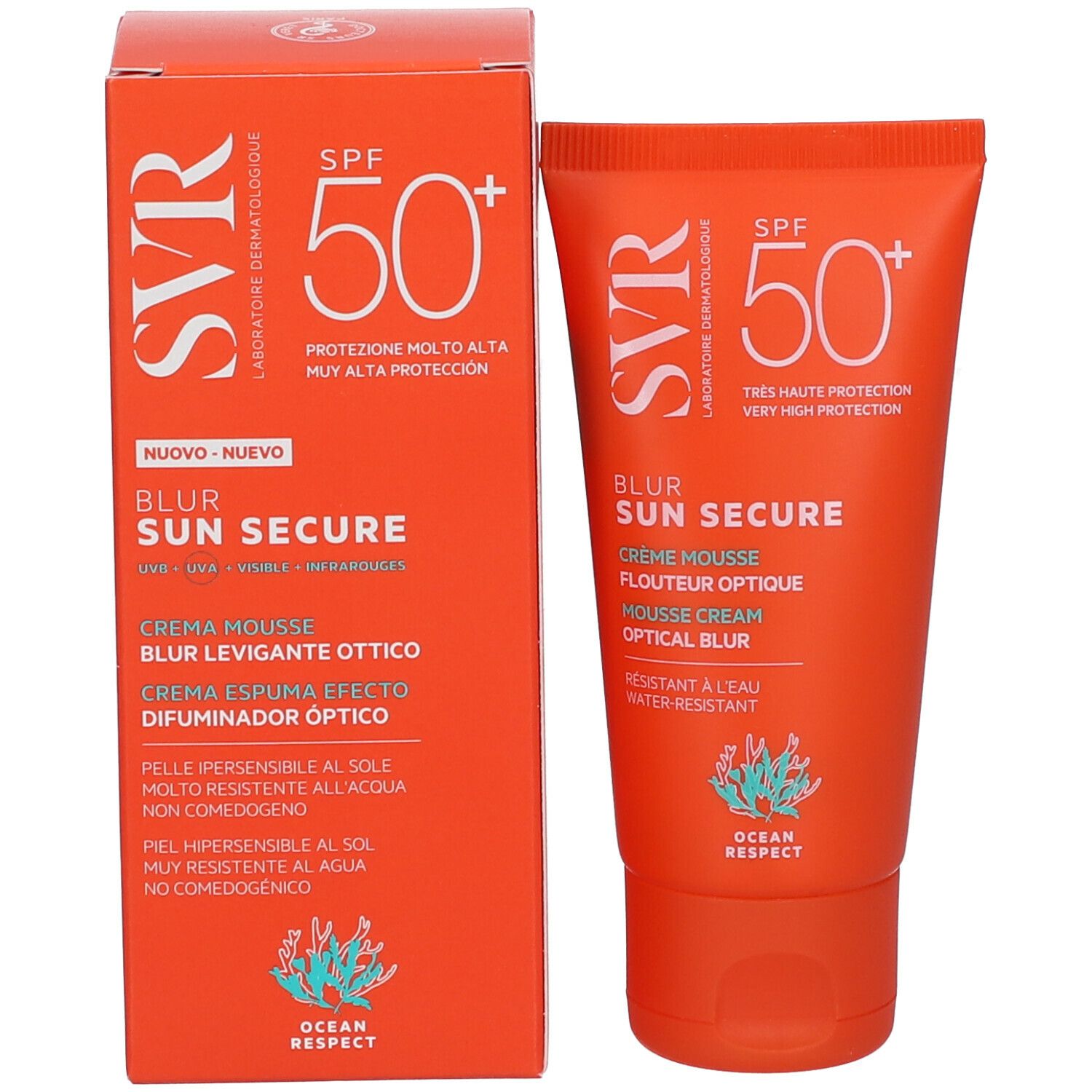 Scatola e tubo arancioni SVR SUN SECURE Blur SPF50+. Testo: Crema Mousse, Optical Blur. Logo: Ocean Respect.