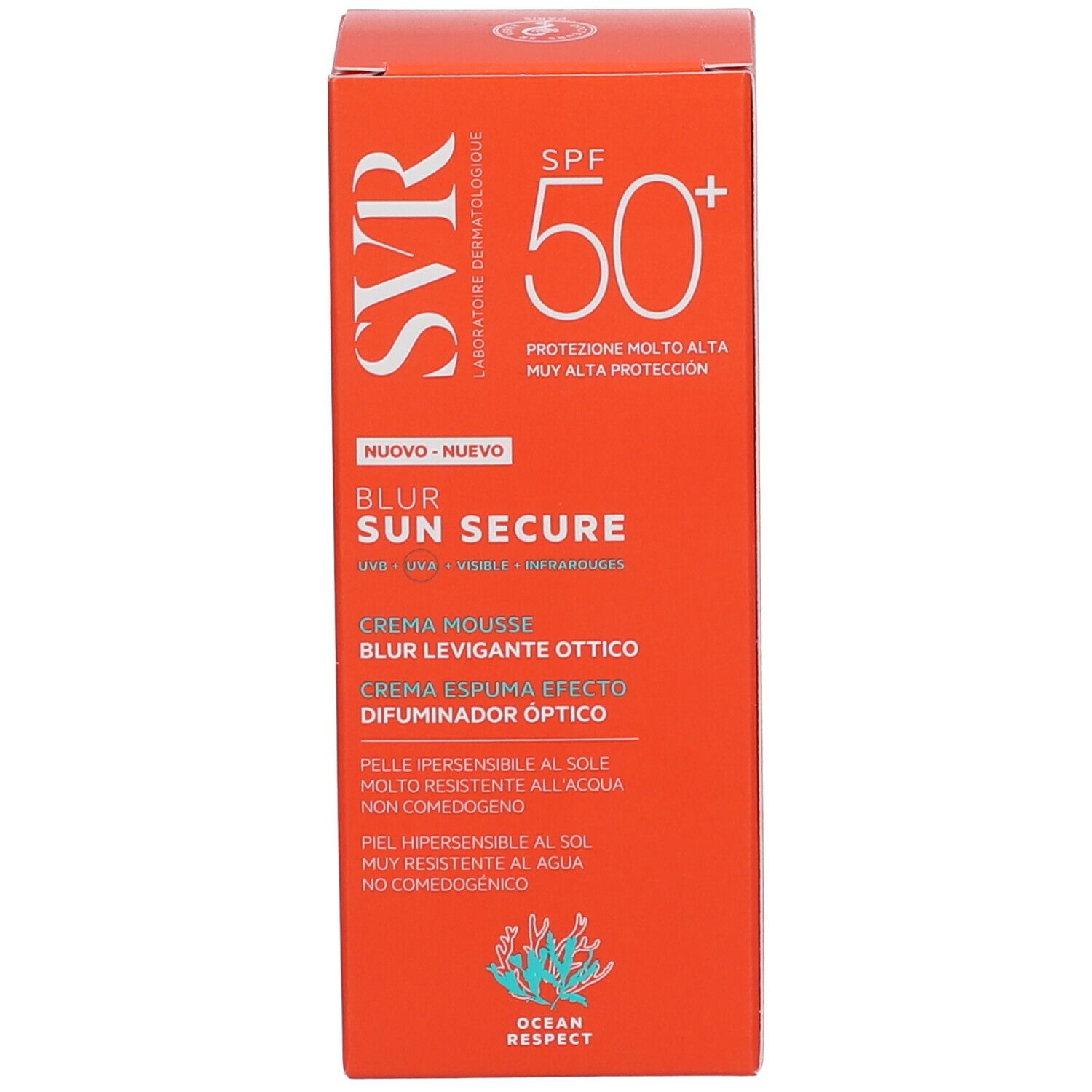 Scatola arancione SVR SUN SECURE Blur SPF50+. Testo: Crema Mousse, Optical Blur. Logo: Ocean Respect.