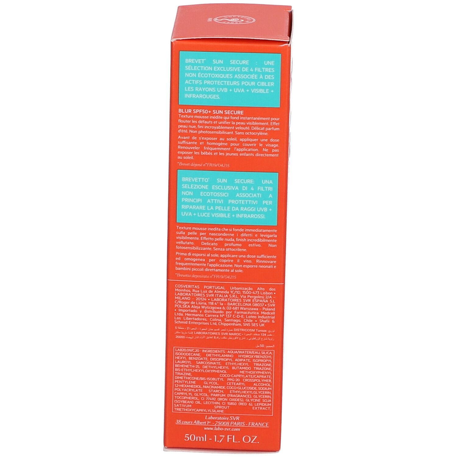 Retro della scatola arancione. Testo: SPF50+, ingredienti, istruzioni per l'uso. Logo: Ocean Respect, 50ml.