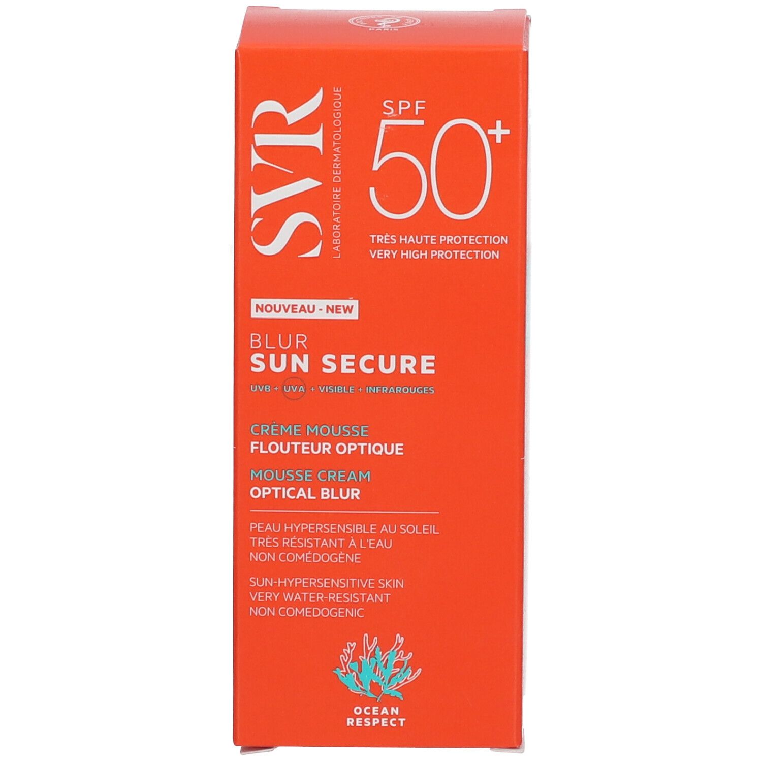 Scatola arancione SVR SUN SECURE Blur SPF50+. Testo: Crema Mousse, Optical Blur. Logo: Ocean Respect.