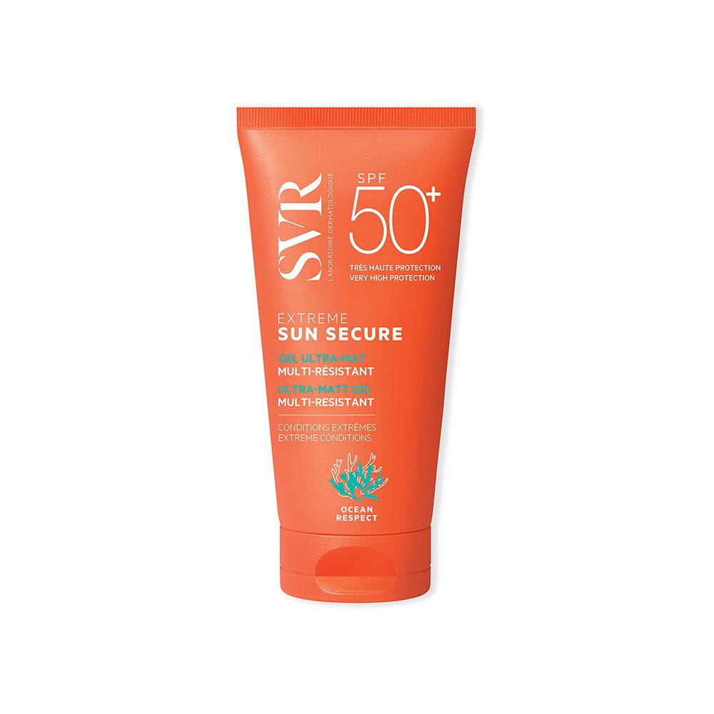 Tubo arancione SVR Sun Secure Extreme SPF 50+. Testo e logo sul fronte. Logo Ocean Respect.