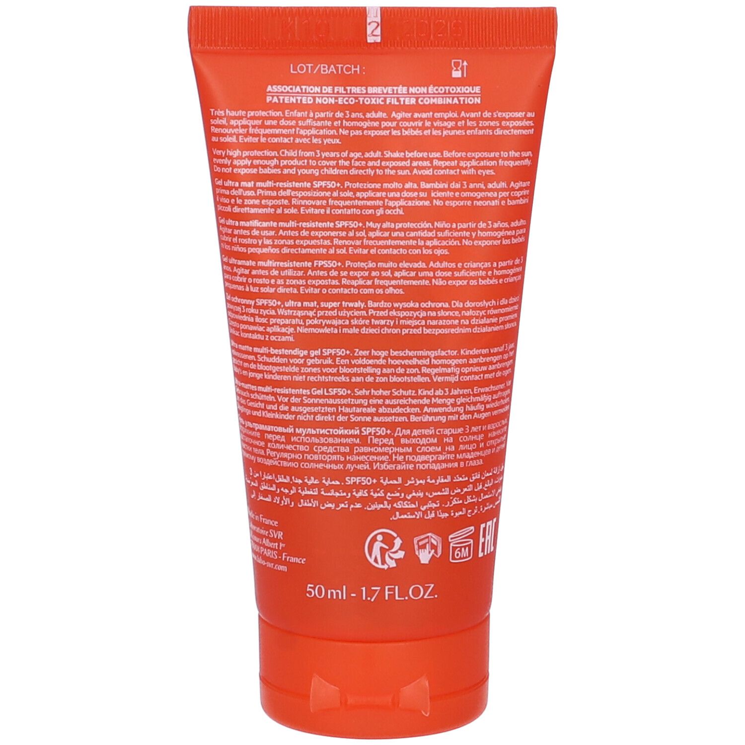 Retro di un tubo arancione con testo. Contiene informazioni su SVR Sun Secure SPF 50+.