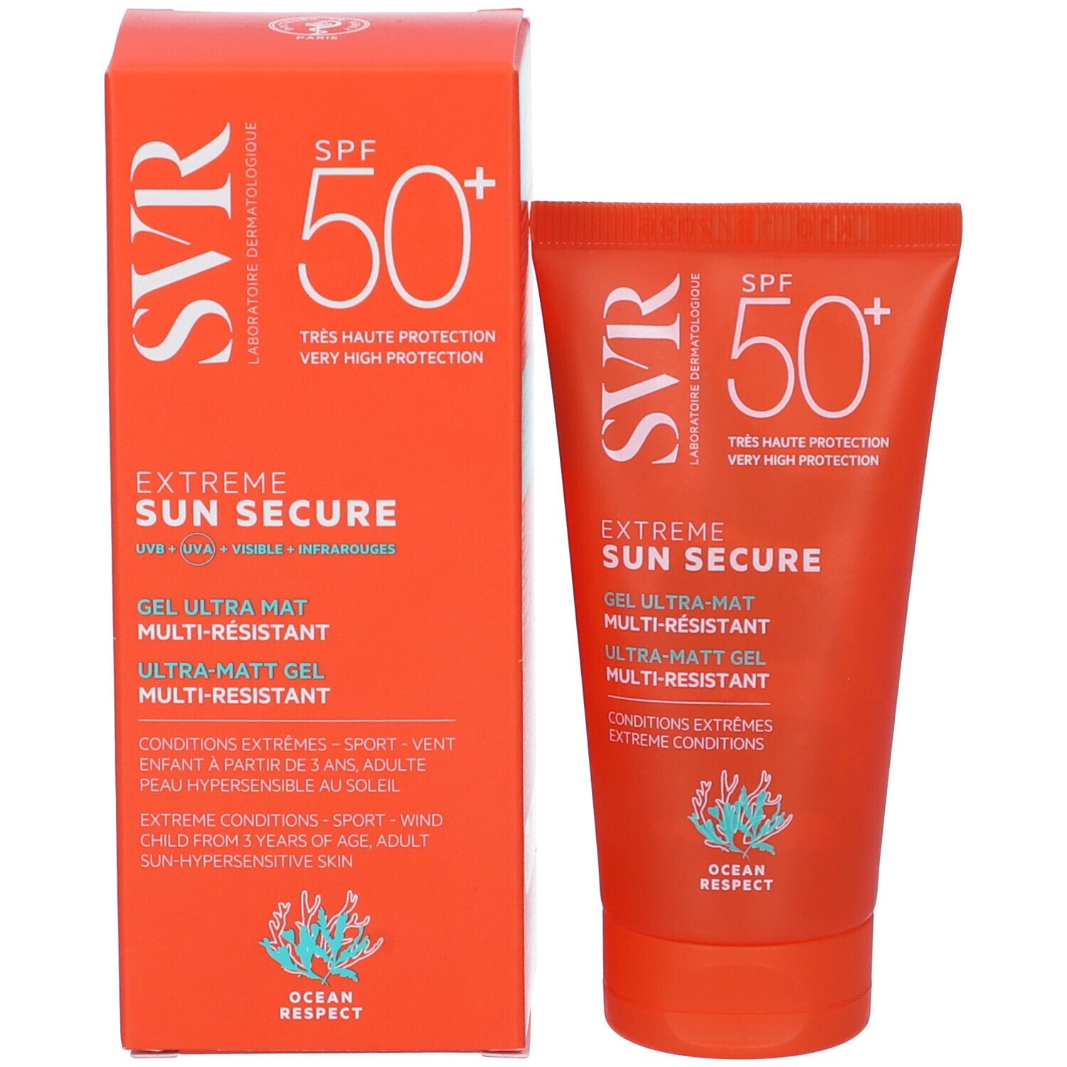 Tubo e scatola SVR Sun Secure Extreme SPF 50+. Design arancione con testo e logo. Logo Ocean Respect.