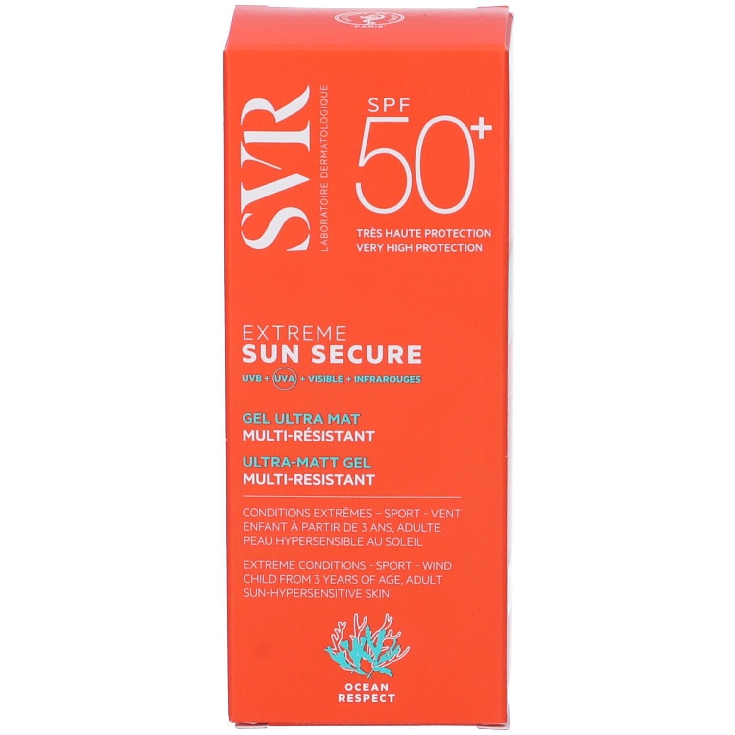 Scatola arancione SVR Sun Secure Extreme SPF 50+. Testo e logo sul fronte. Logo Ocean Respect.
