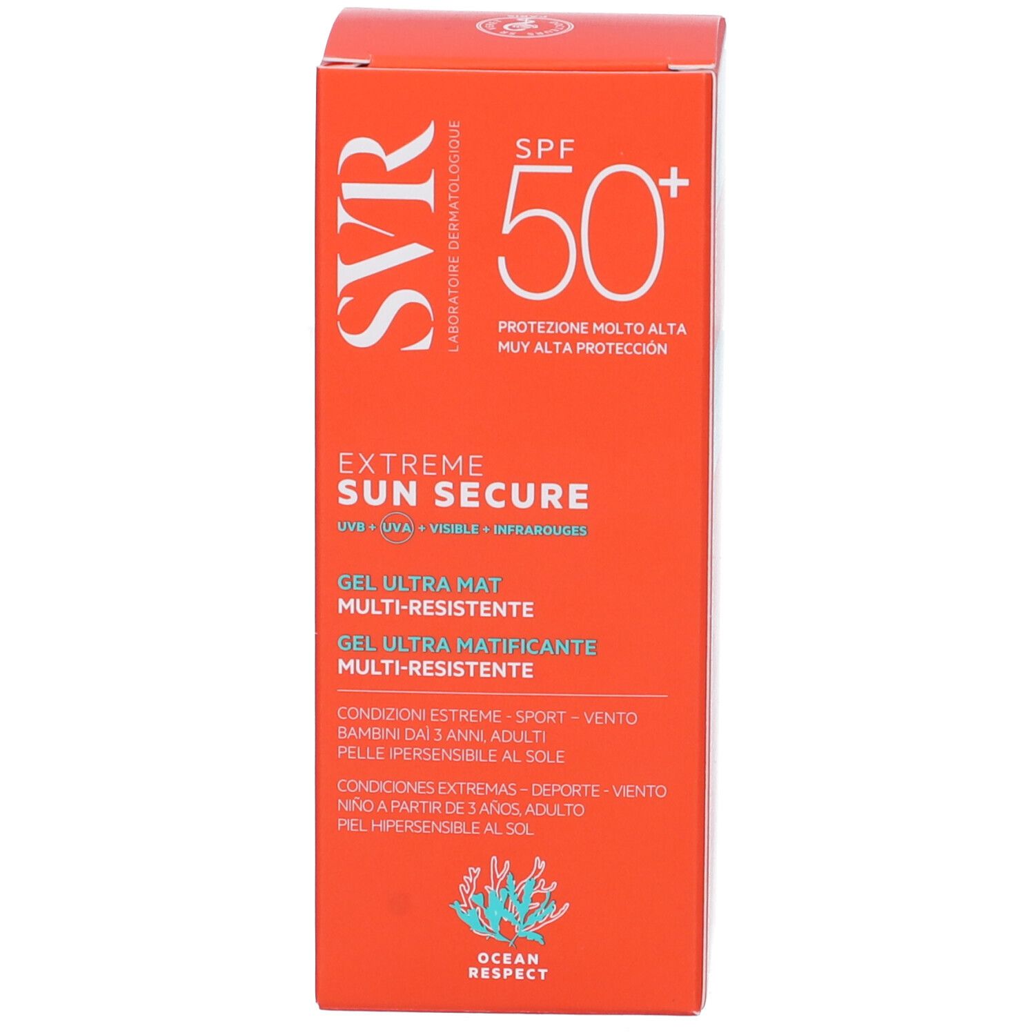 Scatola arancione SVR Sun Secure Extreme SPF 50+. Testo e logo sul fronte. Logo Ocean Respect.
