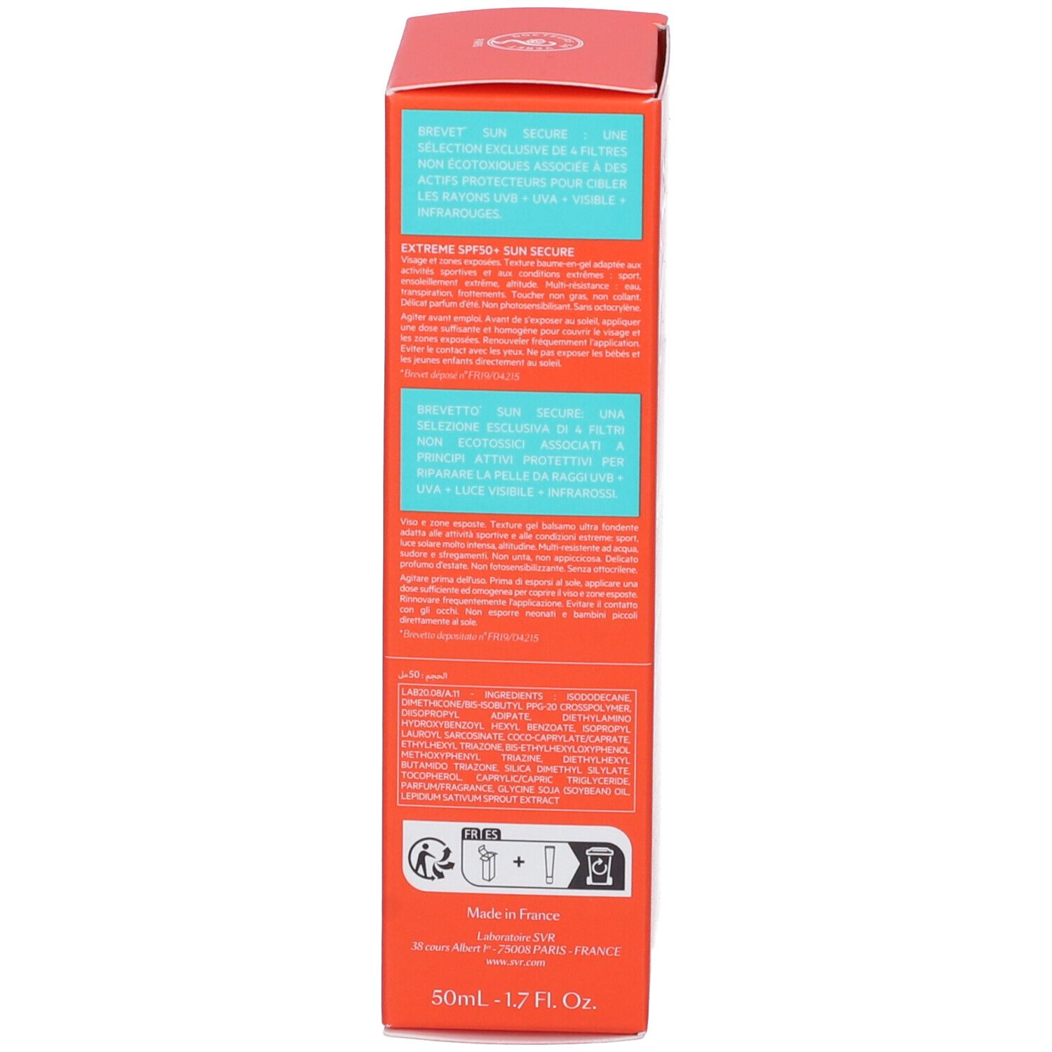 Retro di una scatola arancione con testo. Contiene informazioni su SVR Sun Secure SPF 50+.
