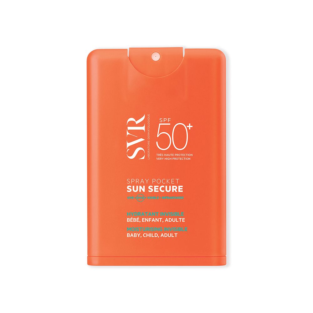 Spray Pocket arancione con testo bianco. Logo SVR, SPF 50+, SUN SECURE, per neonati, bambini, adulti.