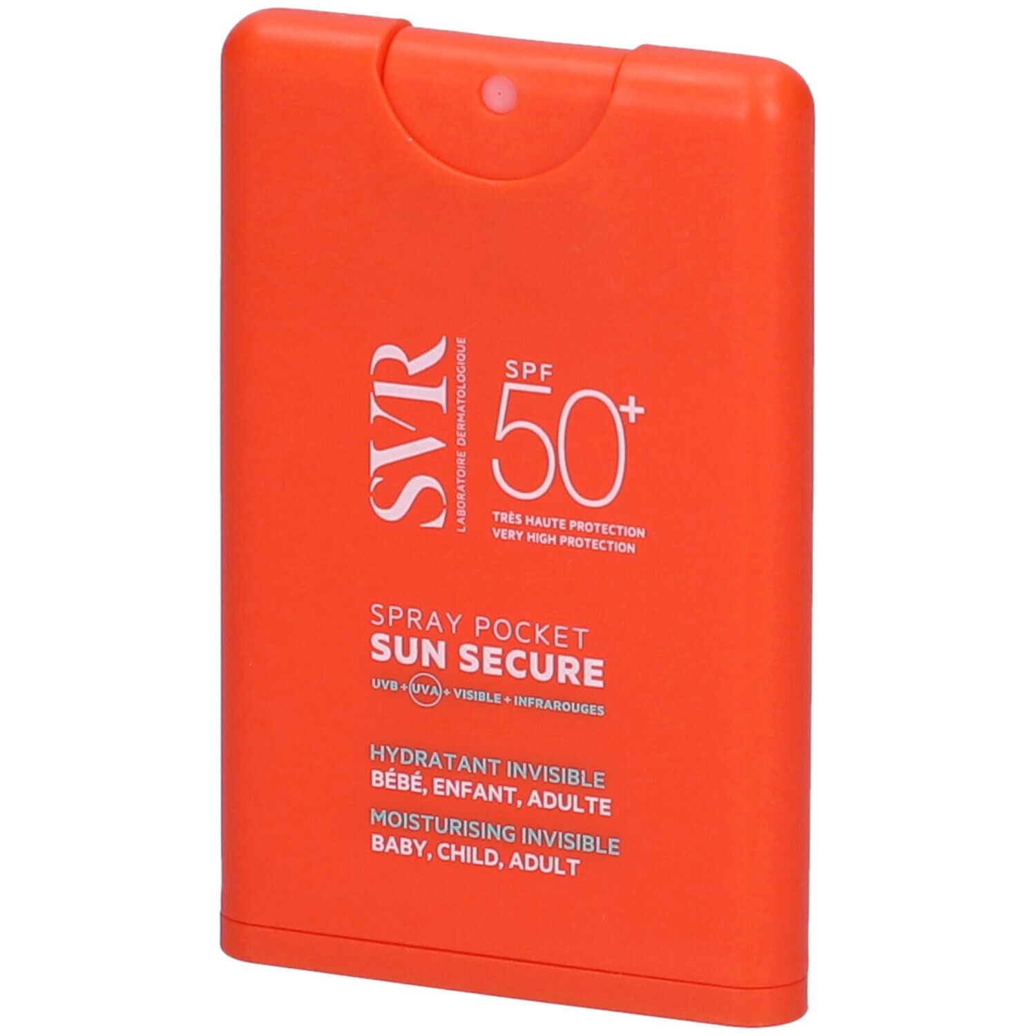 Spray Pocket arancione con testo bianco. Logo SVR, SPF 50+, SUN SECURE, per neonati, bambini, adulti.