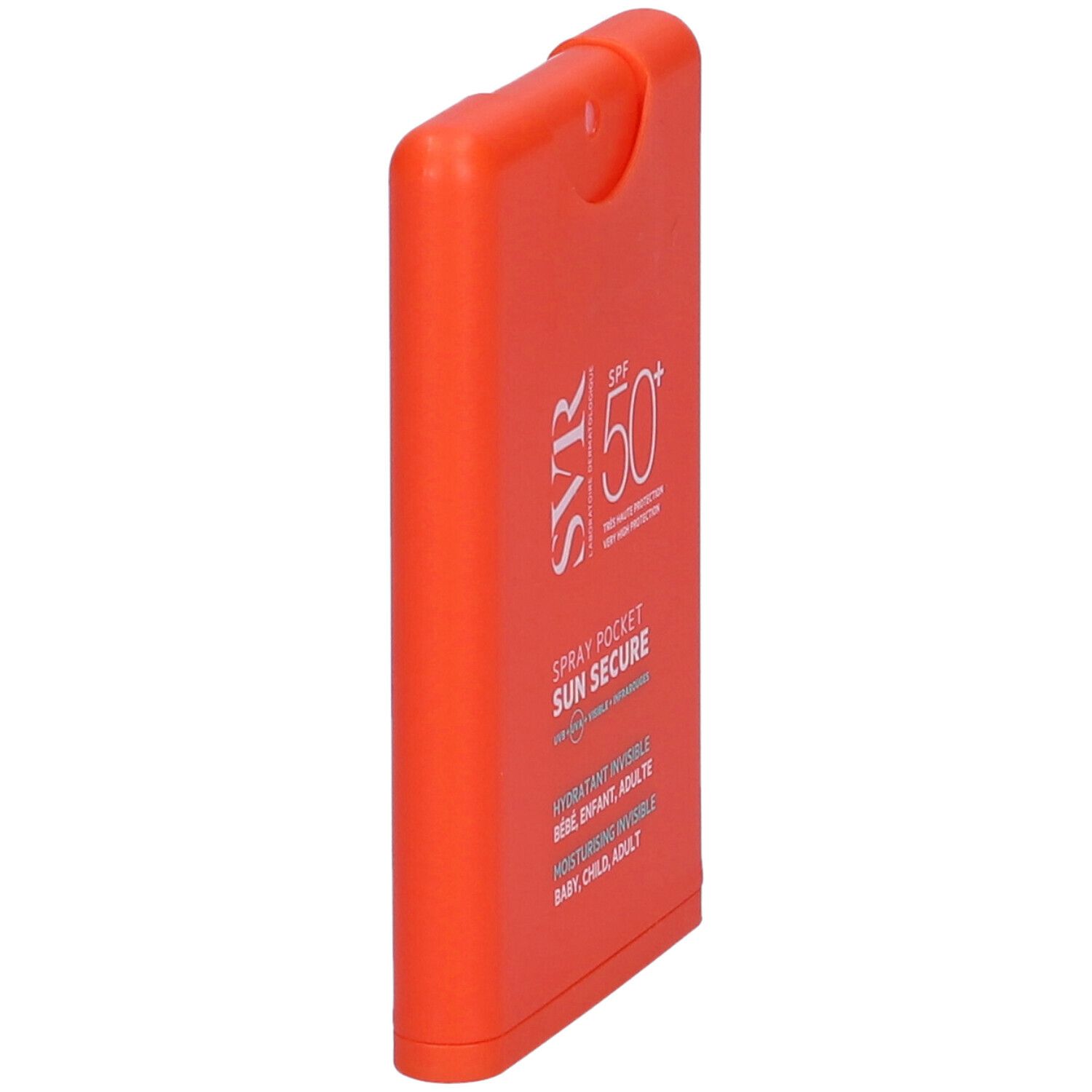Spray Pocket arancione, vista laterale. Logo SVR, SPF 50+, SUN SECURE, per neonati, bambini, adulti.