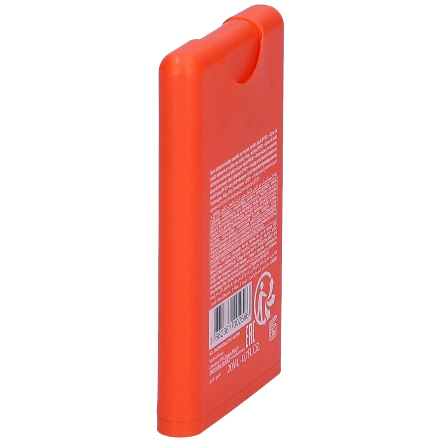 Vista laterale dello Spray Pocket arancione. Testo multilingue, codice a barre, 20ml, 0.7FL.OZ.