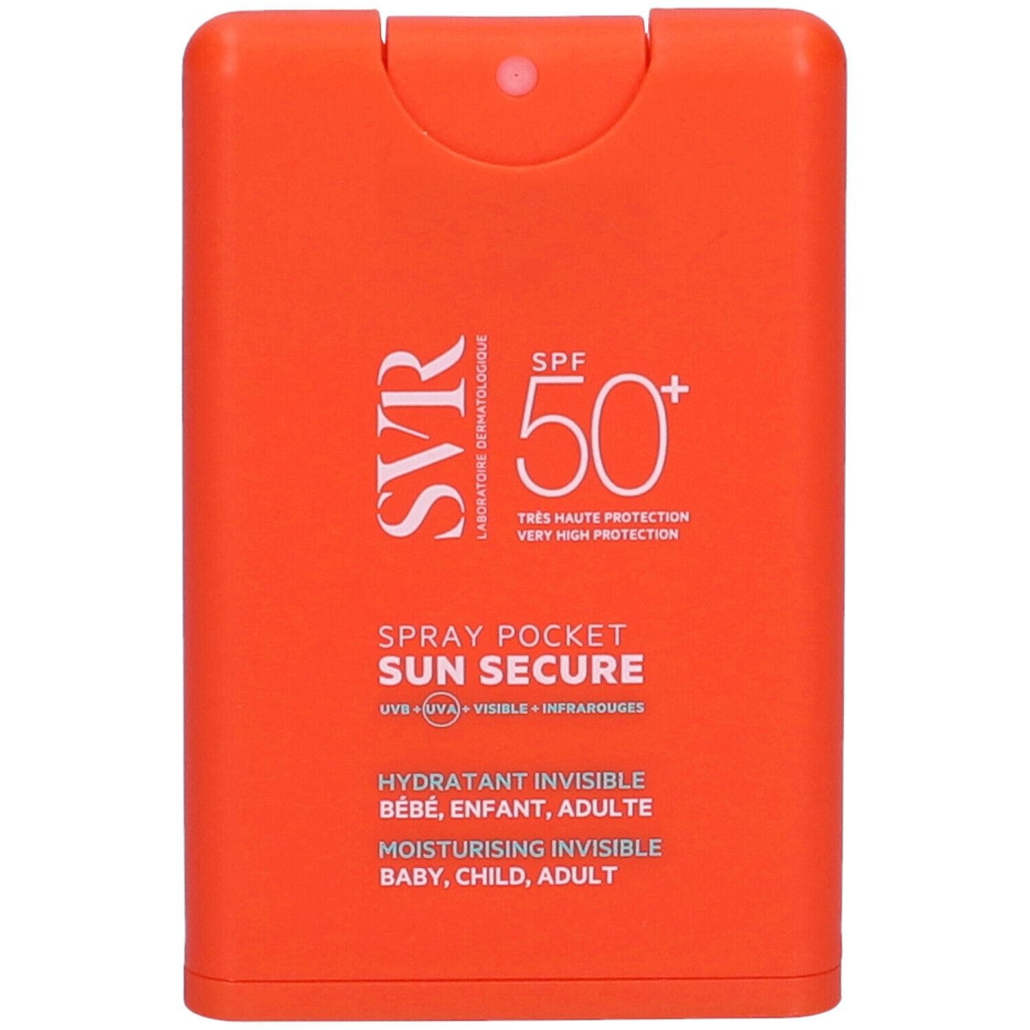 Spray Pocket arancione con testo bianco. Logo SVR, SPF 50+, SUN SECURE, per neonati, bambini, adulti.