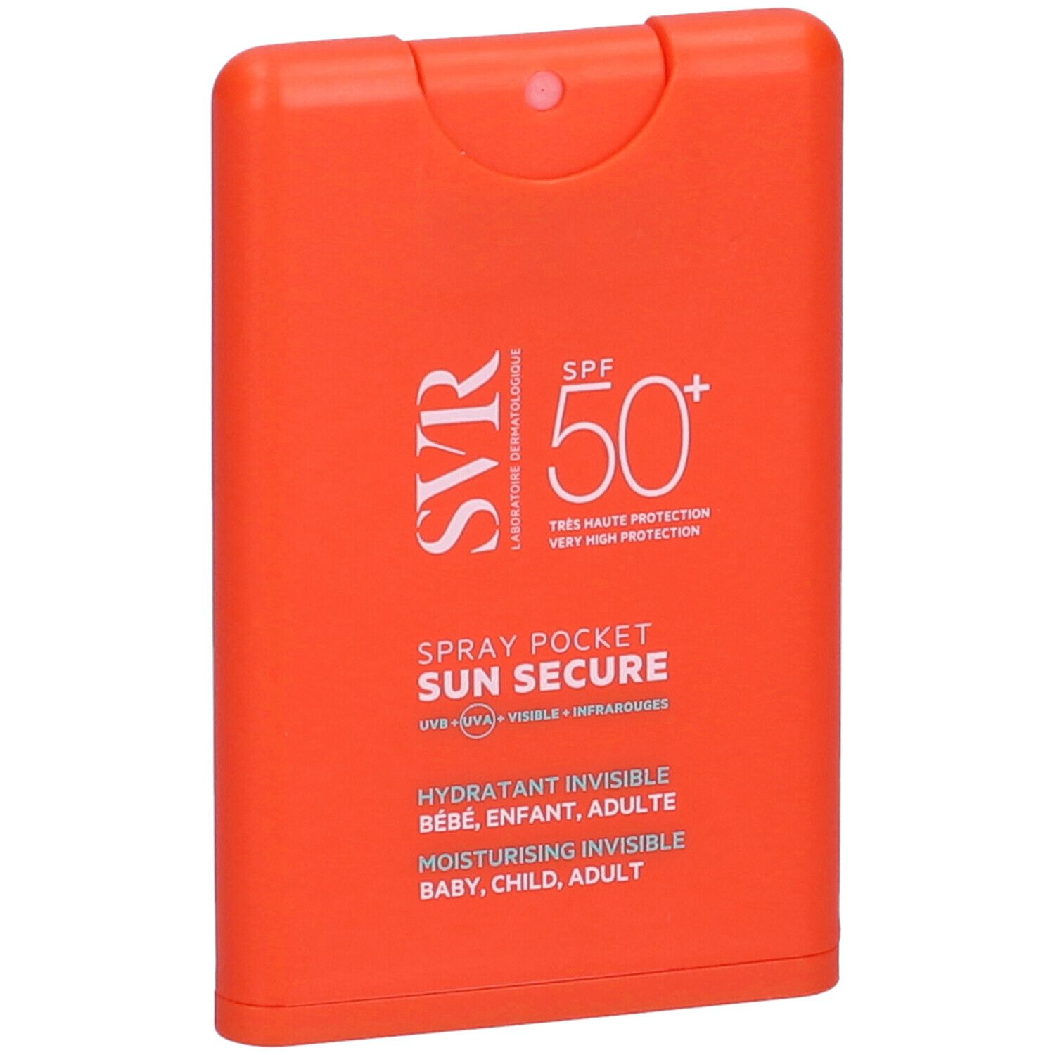 Spray Pocket arancione con testo bianco. Logo SVR, SPF 50+, SUN SECURE, per neonati, bambini, adulti.