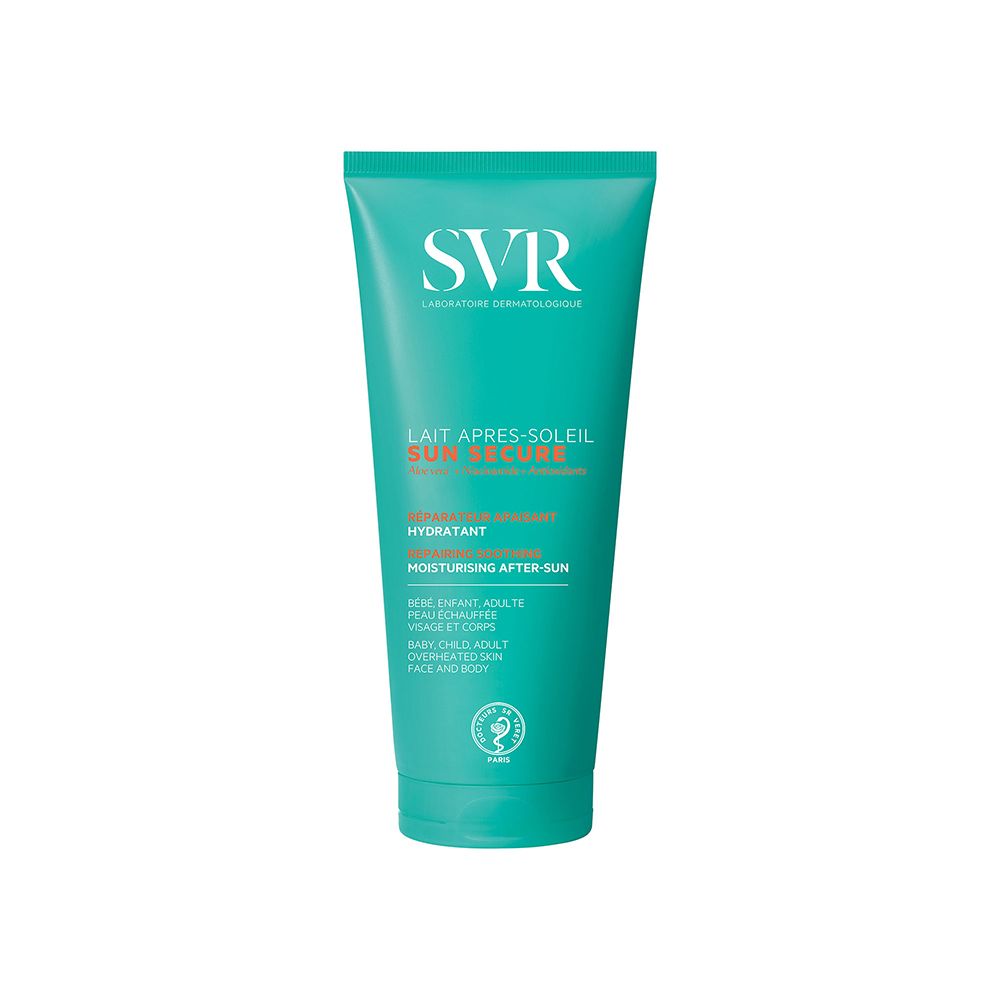 Tubo turchese con logo SVR bianco. Testo: Lait Après-Soleil, Sun Secure, Hydratant. Con aloe vera e acido ialuronico. Per viso e corpo.