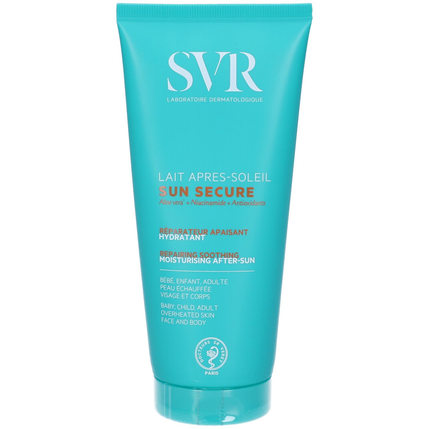 Tubo turchese con logo SVR bianco. Testo: Lait Après-Soleil, Sun Secure, Hydratant. Bambino, adulto. Viso e corpo.