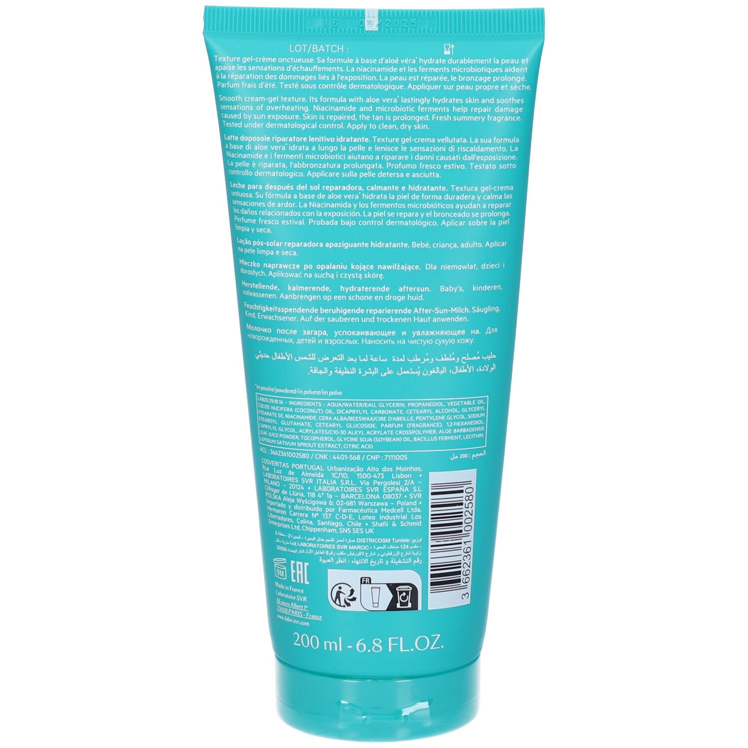 Retro di un tubo turchese. Testo e informazioni multilingue. 200 ml. Con aloe vera. Bambino, adulto. Testato dermatologicamente.
