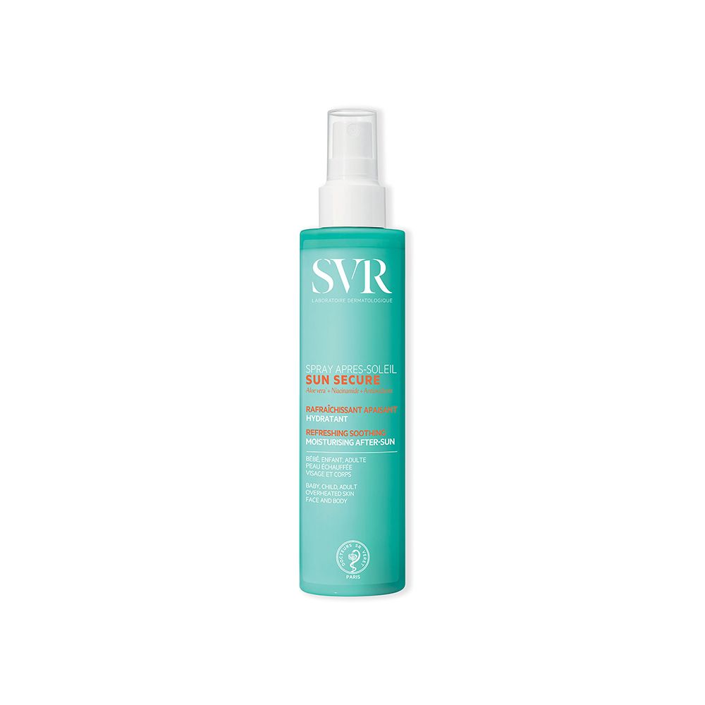 Flacone spray turchese con erogatore bianco. Scritta: SVR SUN SECURE. Nome del prodotto e altre informazioni.