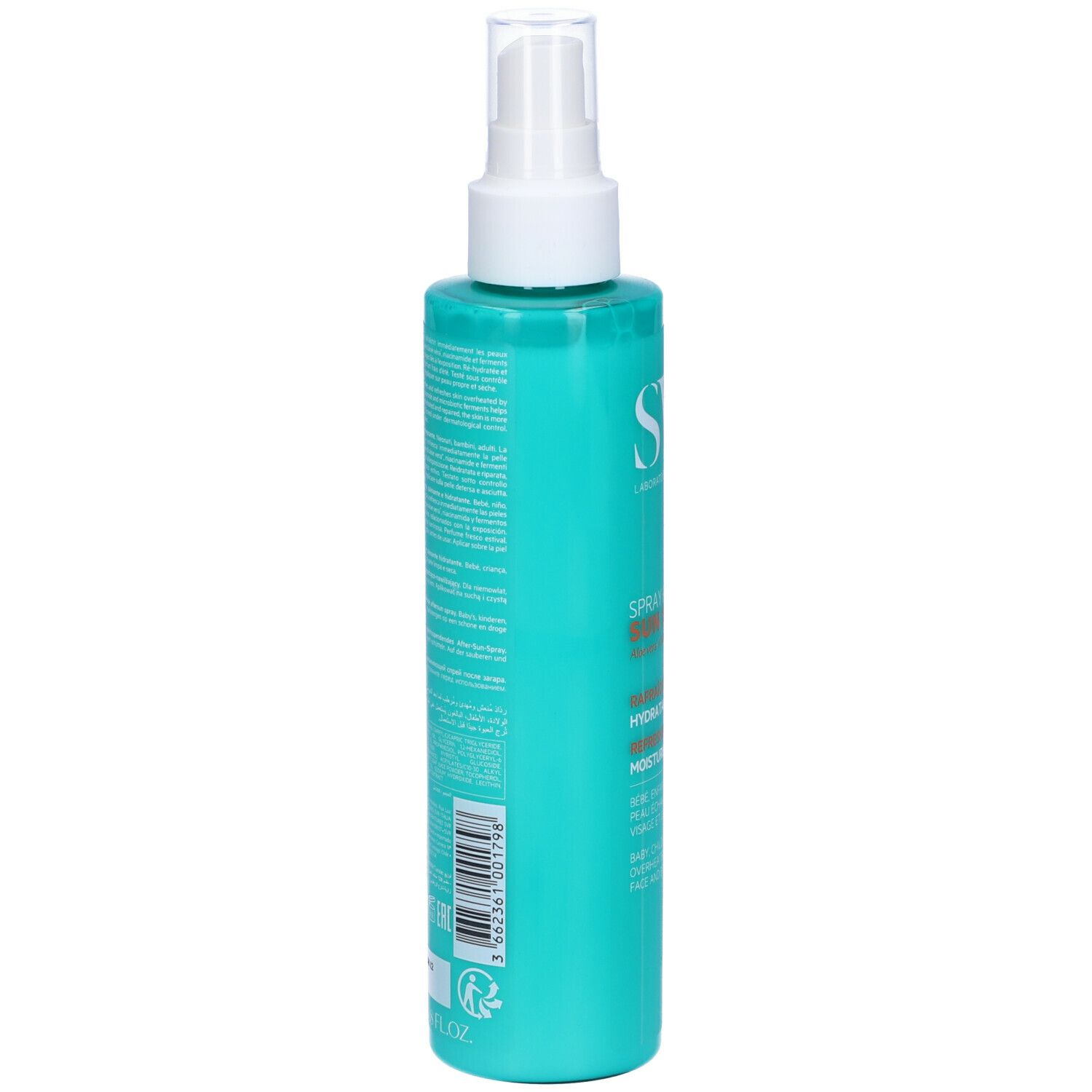Retro di un flacone spray turchese con erogatore bianco. Codice a barre e testo.