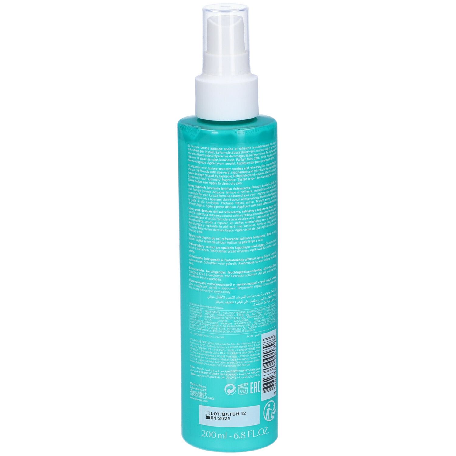 Retro di un flacone spray turchese con erogatore bianco. Testo e codice a barre.