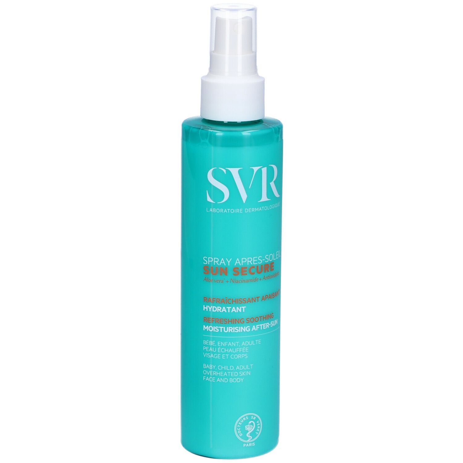 Flacone spray turchese con erogatore bianco. Scritta: SVR. Nome del prodotto e altre informazioni.