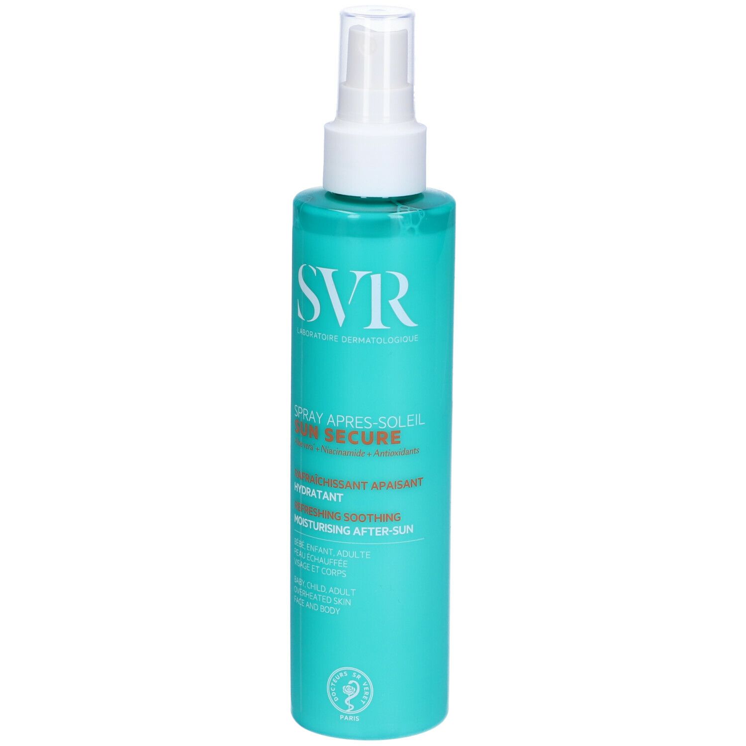 Flacone spray turchese con erogatore bianco. Scritta: SVR. Nome del prodotto e altre informazioni.