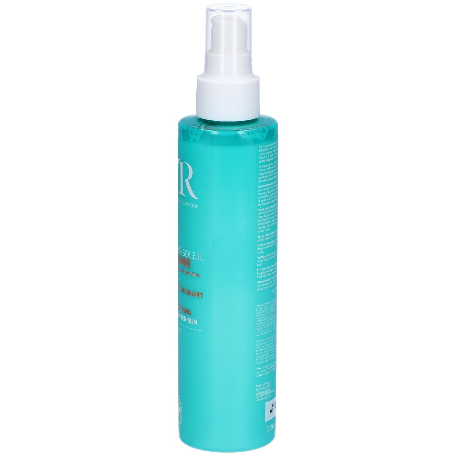 Flacone spray turchese con erogatore bianco. Scritta: SVR. Nome del prodotto e altre informazioni.