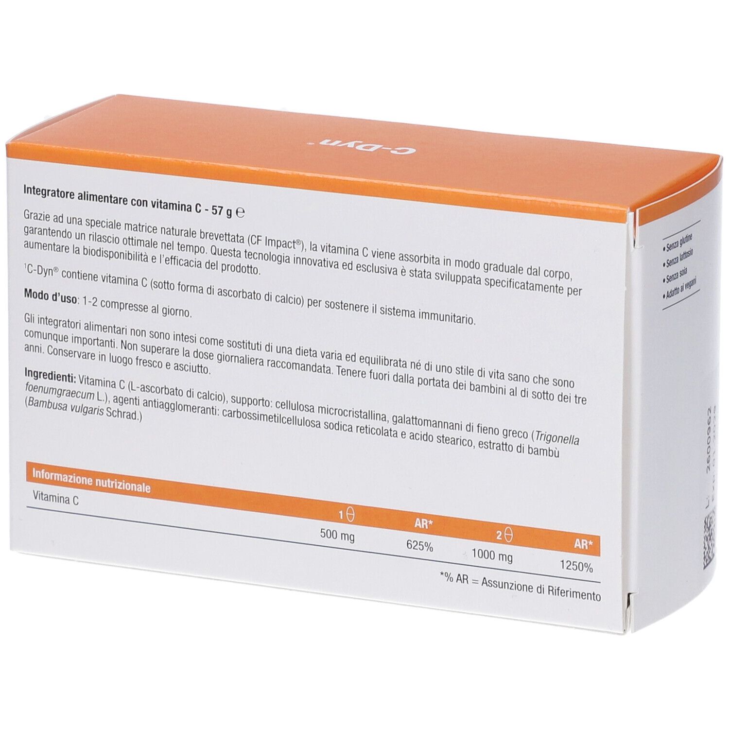 Rückseite der Schachtel Metagenics C-Dyn. Text über Vitamin C und Inhaltsstoffe. Nährwertangaben. Dosierung: 1-2 Tabletten.
