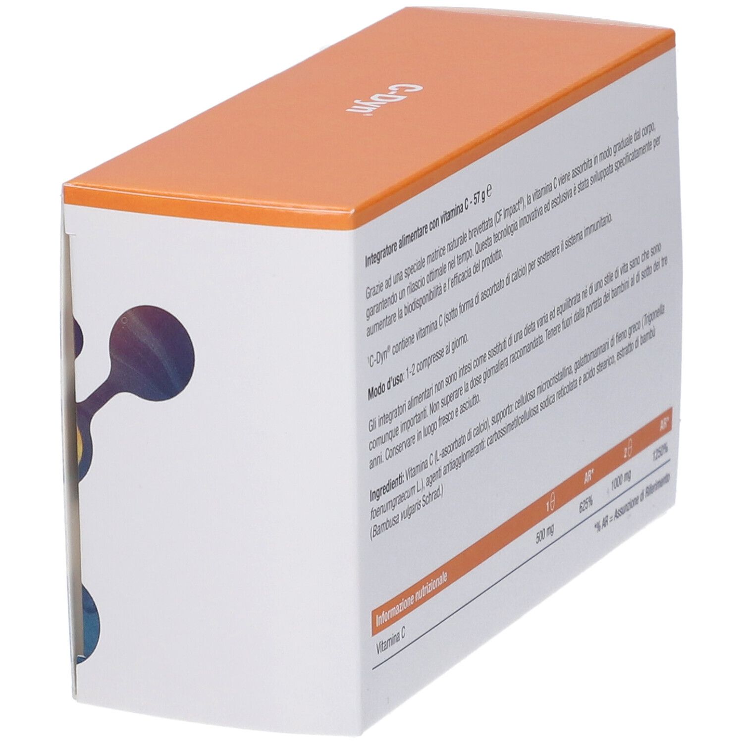 Schachtel Metagenics C-Dyn. Orangefarbener Deckel. Text über Vitamin C und Inhaltsstoffe. Nährwertangaben.