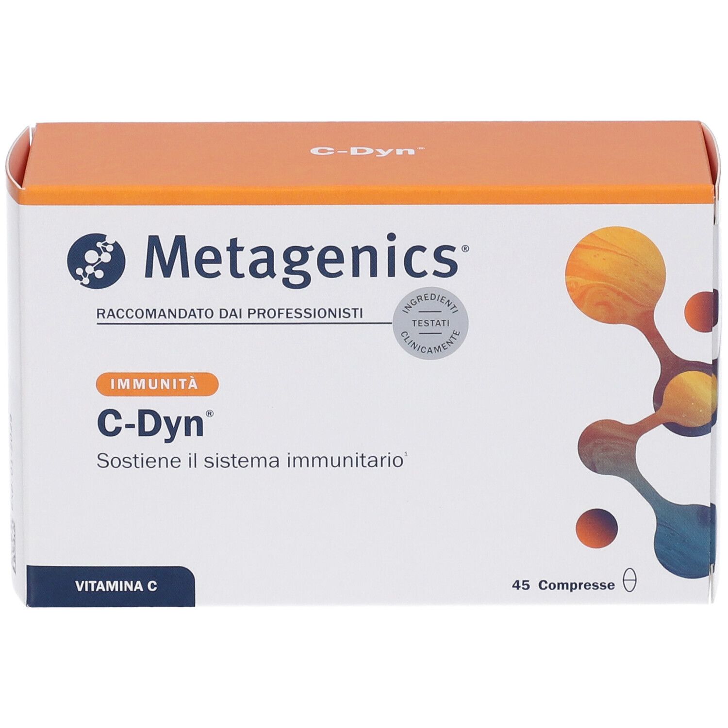 Weiße Schachtel Metagenics C-Dyn. Orangefarbener Deckel. Enthält 45 Tabletten. Aufschrift: Immunität, Vitamin C.