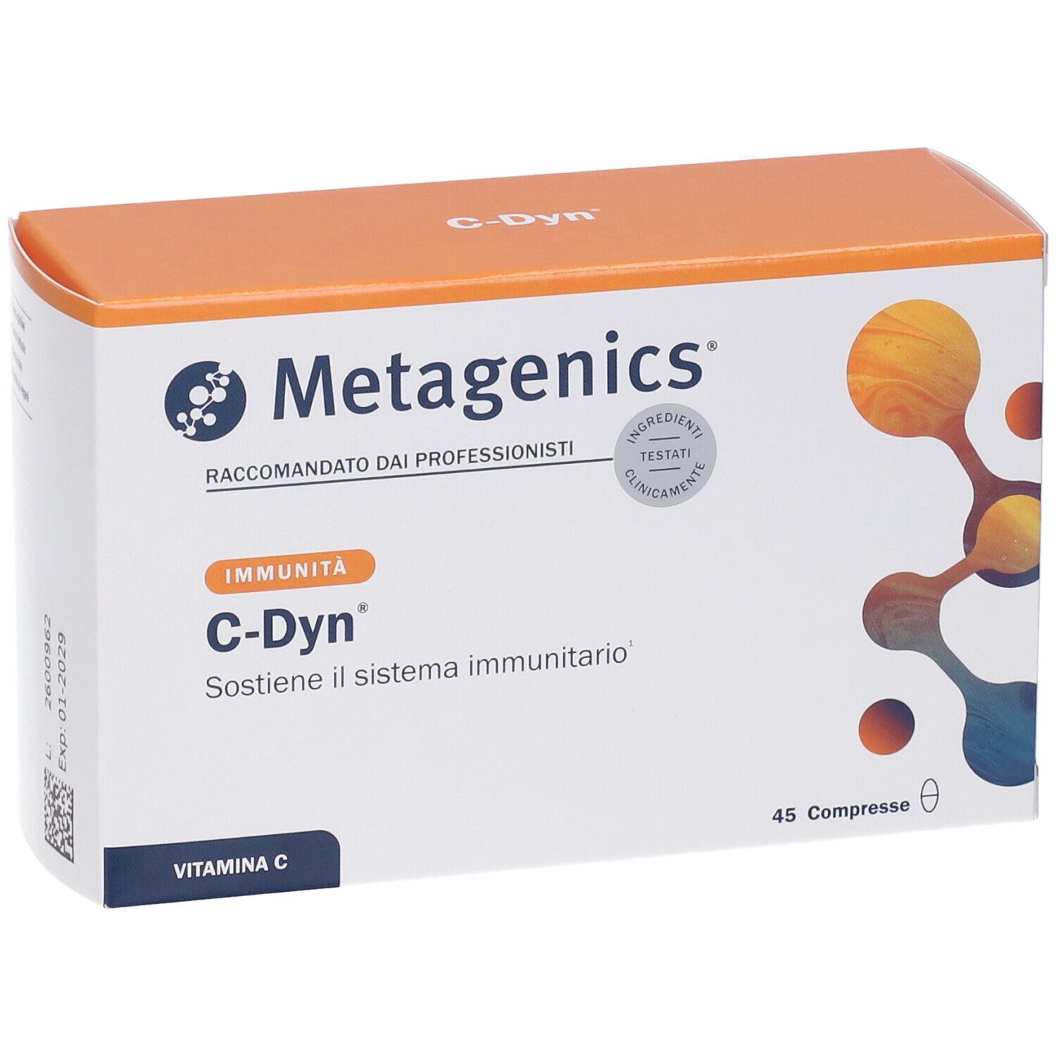 Schachtel Metagenics C-Dyn. Orangefarbener Deckel. Enthält 45 Tabletten. Aufschrift: Immunität, Vitamin C.