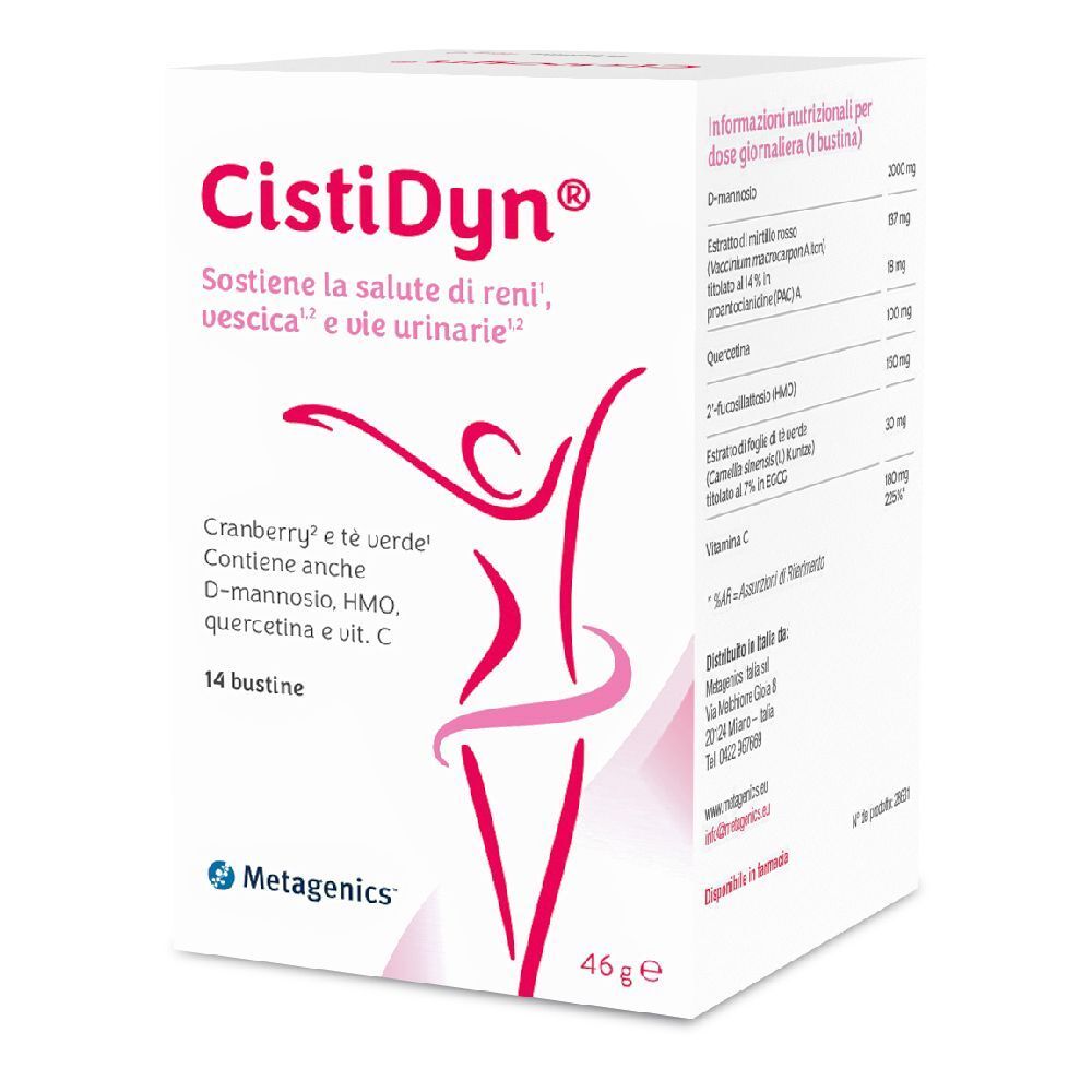 Scatola CistiDyn® con 14 bustine. Scritto: Sostiene la salute di reni, vescica e vie urinarie. Contiene mirtillo rosso e tè verde.