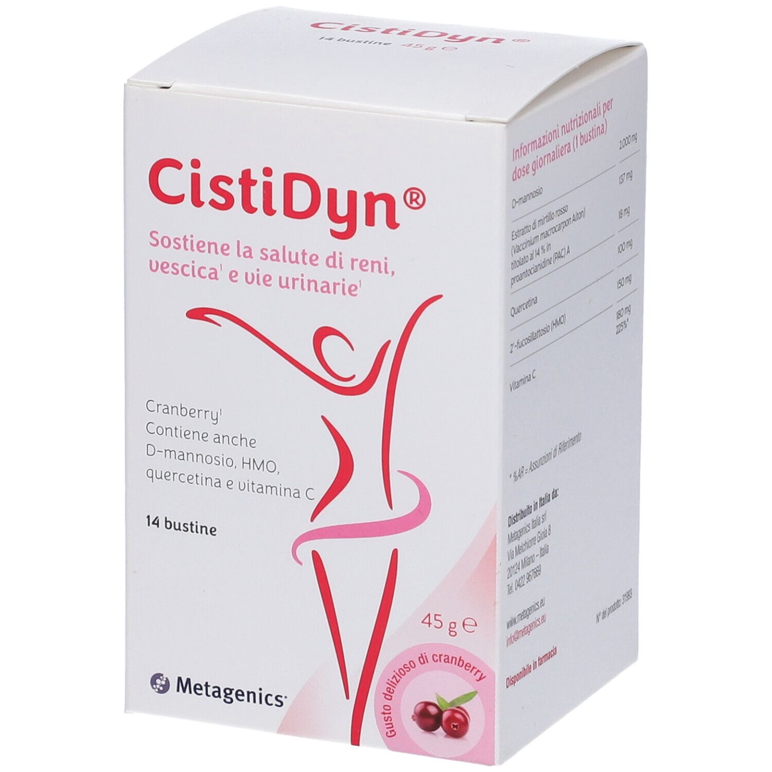 Scatola CistiDyn® con 14 bustine. Scritto: Sostiene la salute di reni, vescica e vie urinarie. Contiene mirtillo rosso. 45g.