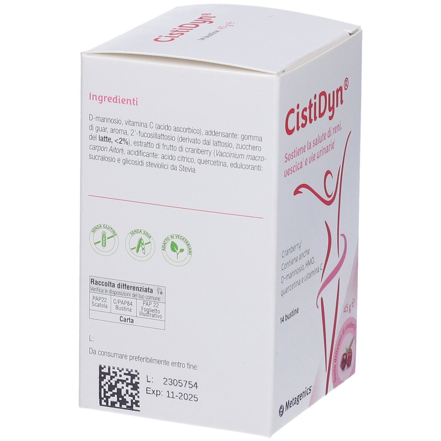Retro della confezione CistiDyn®. Contiene elenco ingredienti, informazioni riciclo e data scadenza. 14 bustine.