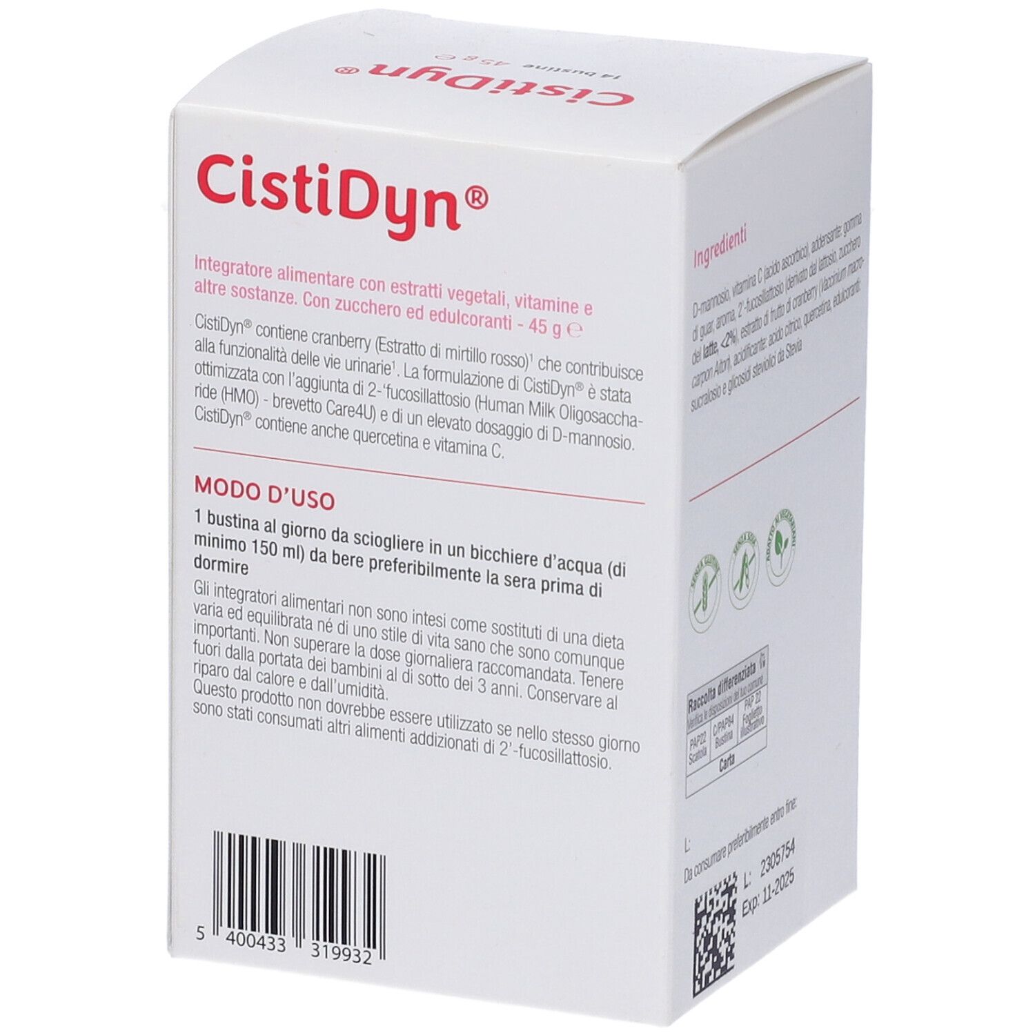 Lato della confezione CistiDyn®. Contiene istruzioni per l'uso e informazioni nutrizionali. Con zucchero e dolcificanti.