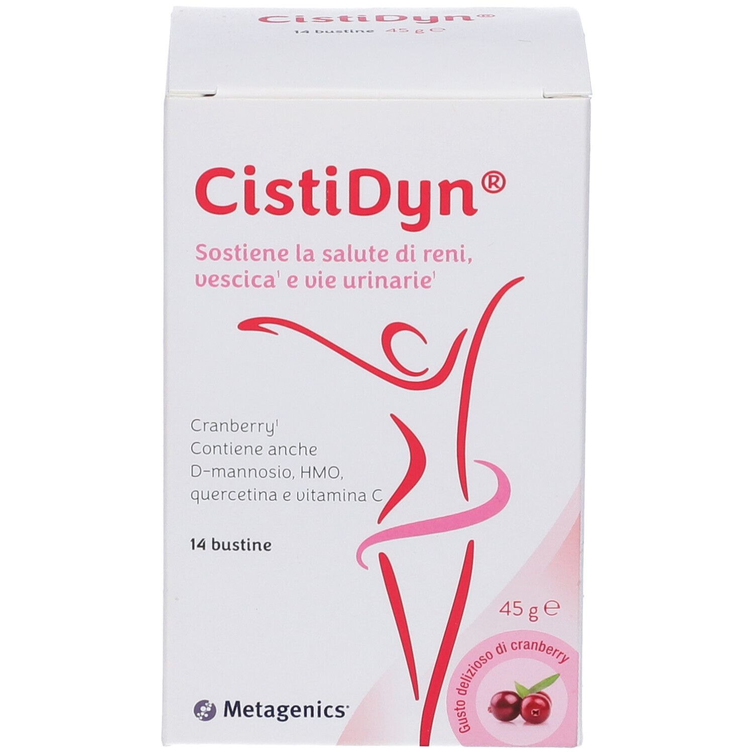 Scatola CistiDyn® con 14 bustine. Scritto: Sostiene la salute di reni, vescica e vie urinarie. Contiene mirtillo rosso. 45g.