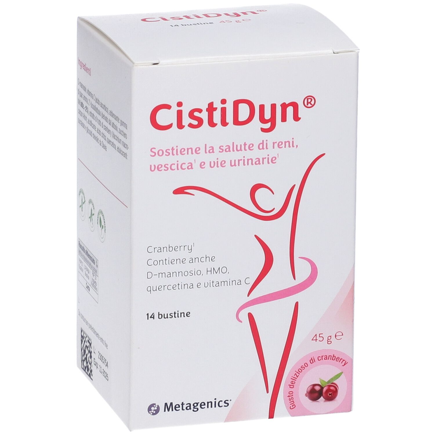 Scatola CistiDyn® con 14 bustine. Scritto: Sostiene la salute di reni, vescica e vie urinarie. 45g.
